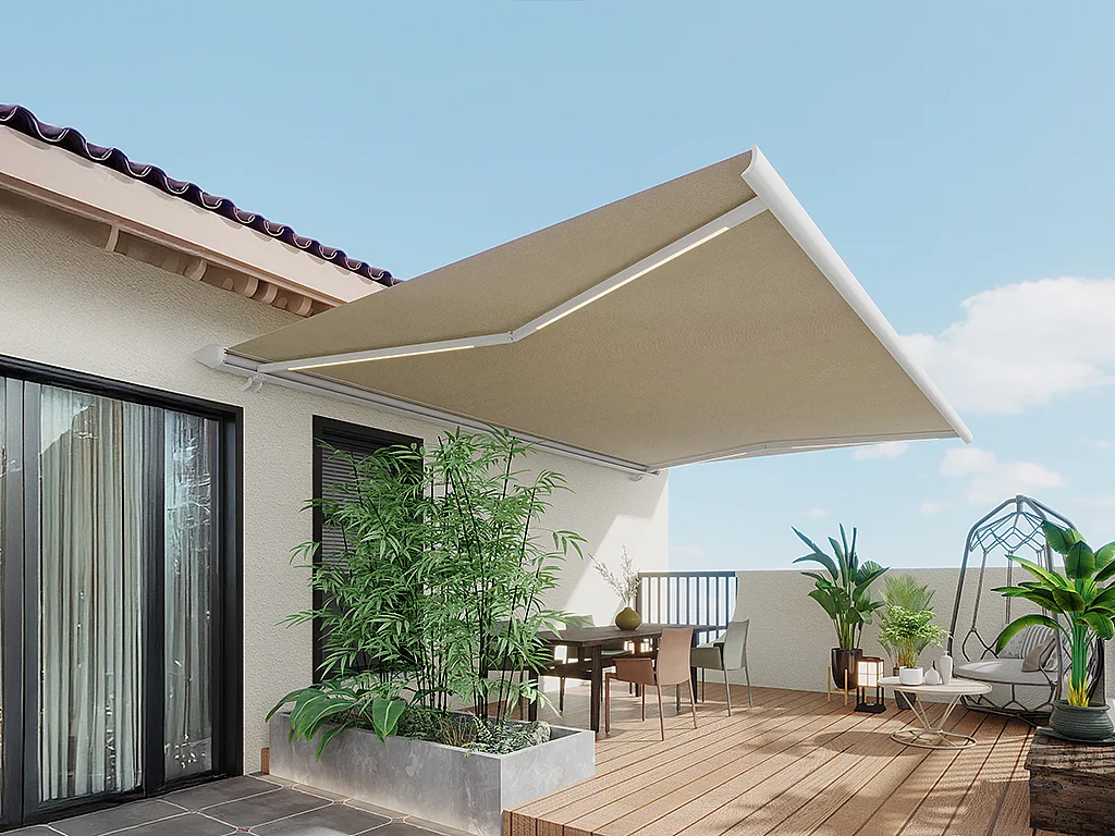 Estore exterior motorizado com LEDs e caixa integral 5 x 3,5 m tela acrílica bege - GALAXA