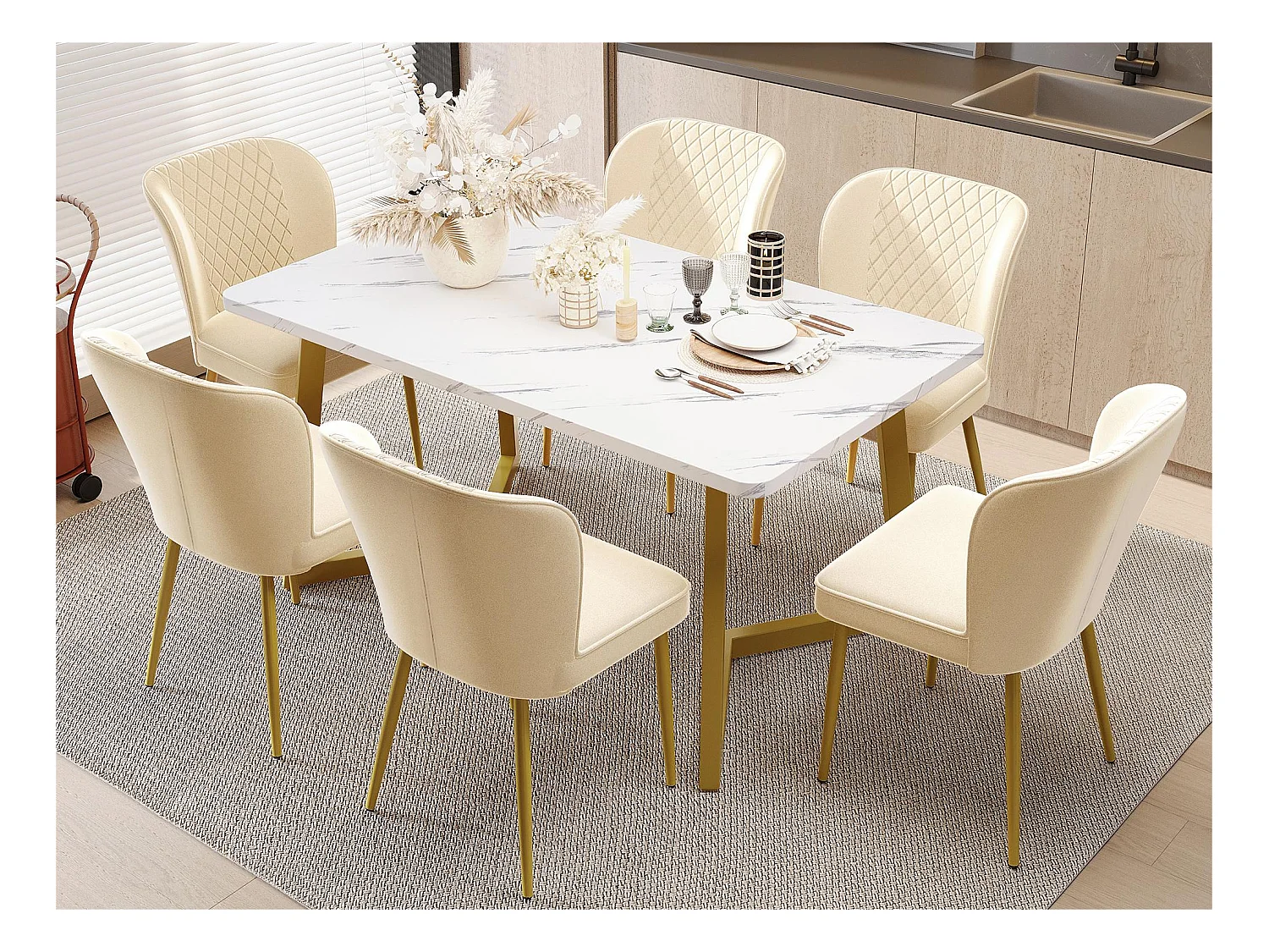 Lot de 6 Chaises rembourrées en velours - structure en métal - Beige