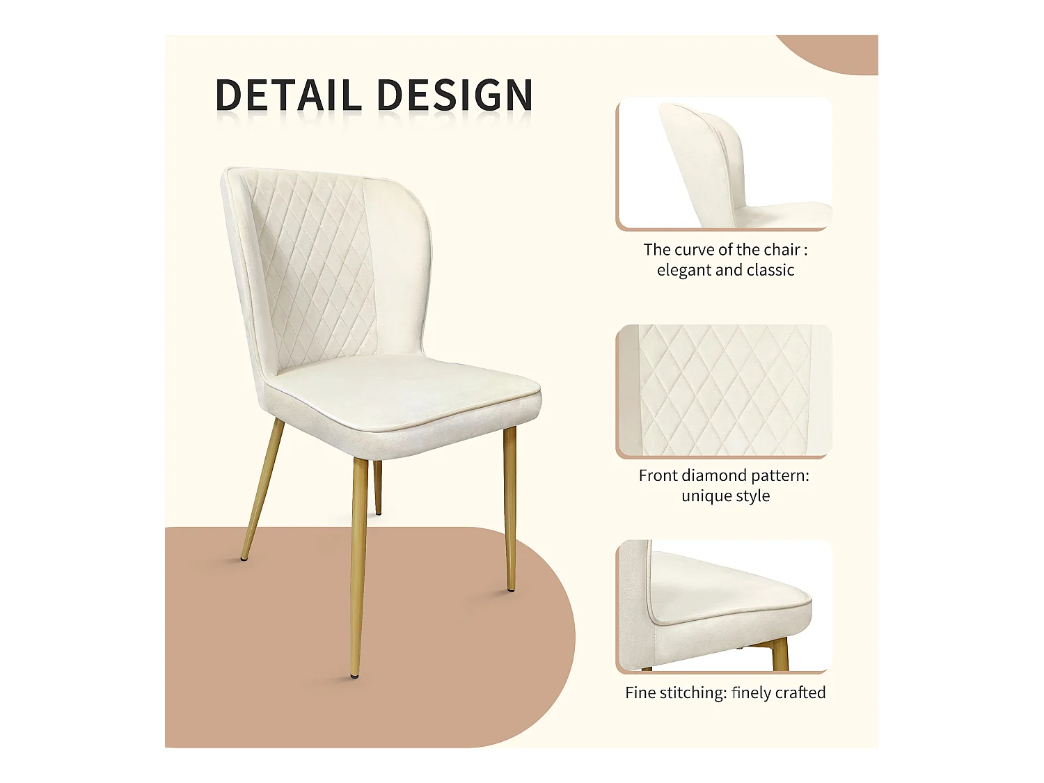 Lot de 6 Chaises rembourrées en velours - structure en métal - Beige
