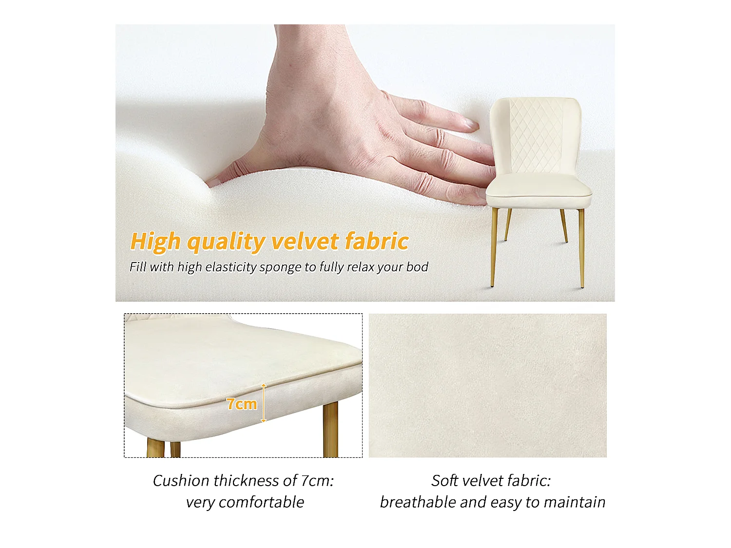 Lot de 6 Chaises rembourrées en velours - structure en métal - Beige