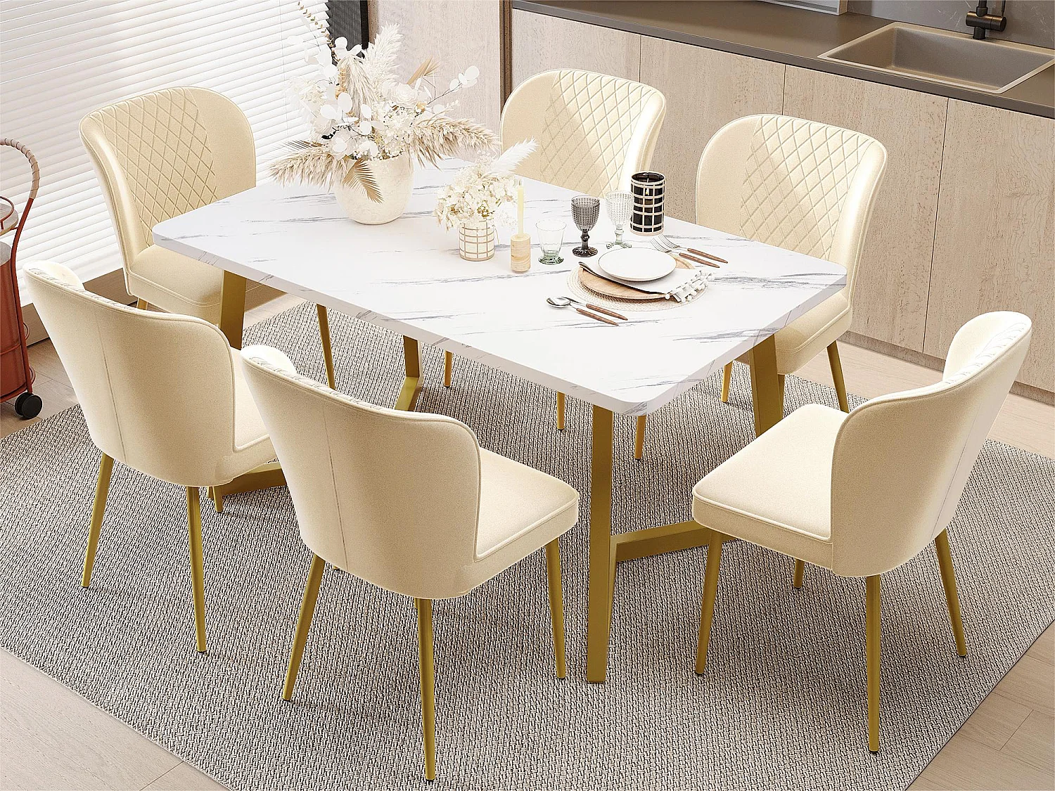 Lot de 6 Chaises rembourrées en velours - structure en métal - Beige