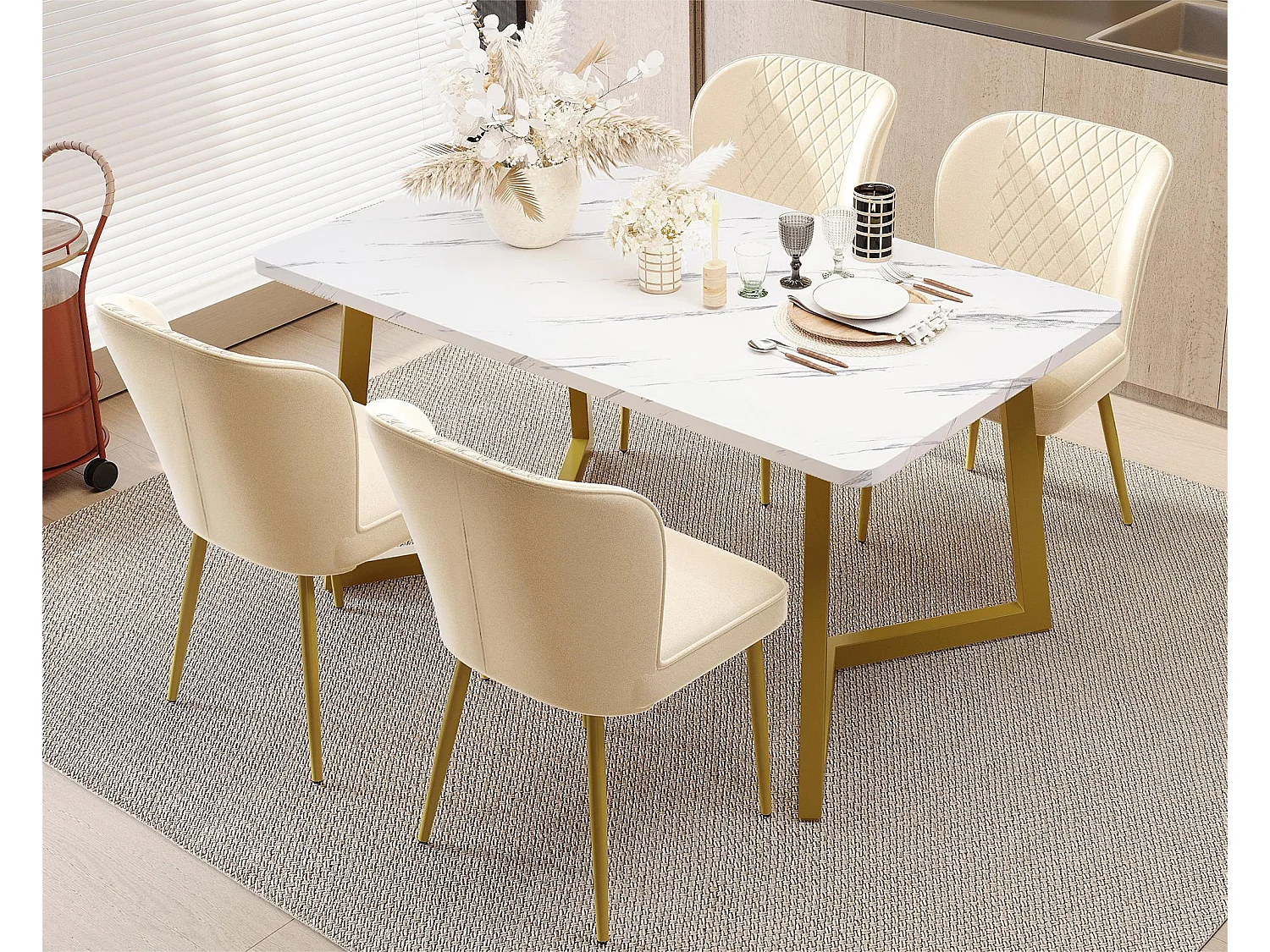 Lot de 4 Chaises rembourrées en velours - structure en métal - Beige