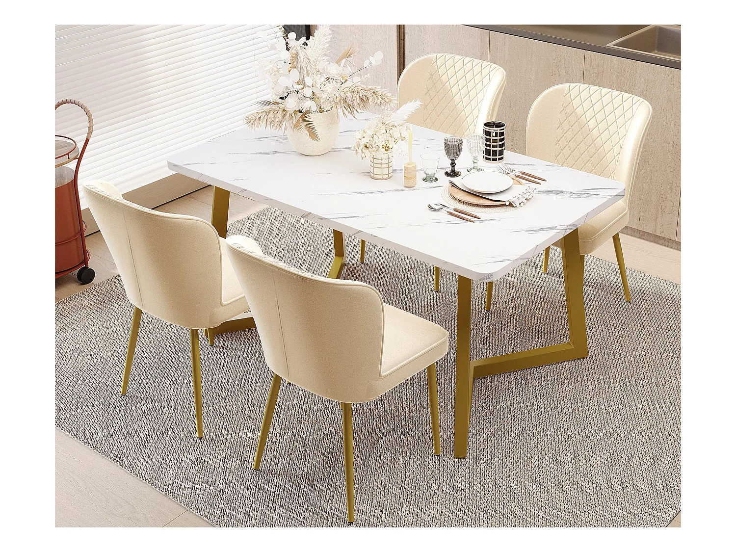 Lot de 4 Chaises rembourrées en velours - structure en métal - Beige