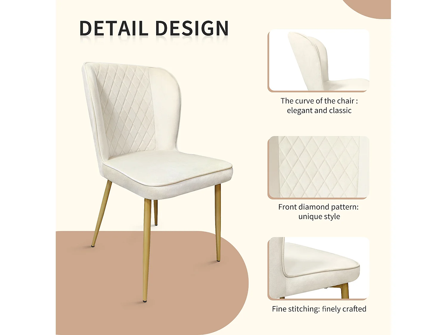 Lot de 4 Chaises rembourrées en velours - structure en métal - Beige