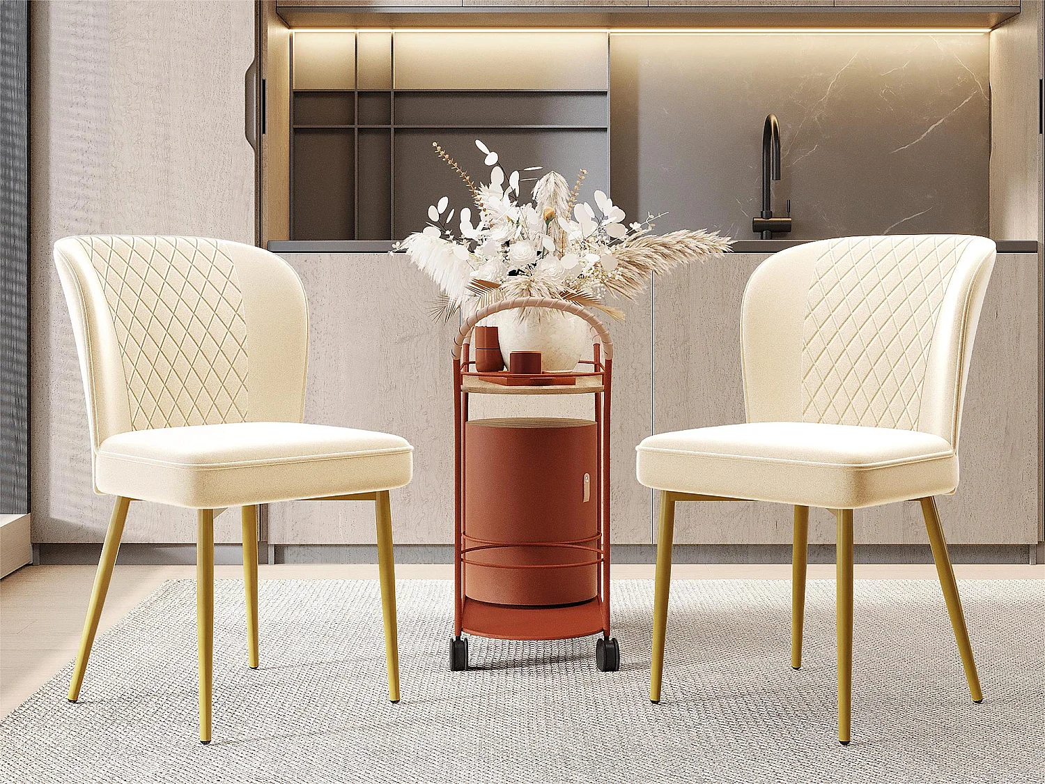 Lot de 2 Chaises rembourrées en velours - structure en métal - Beige