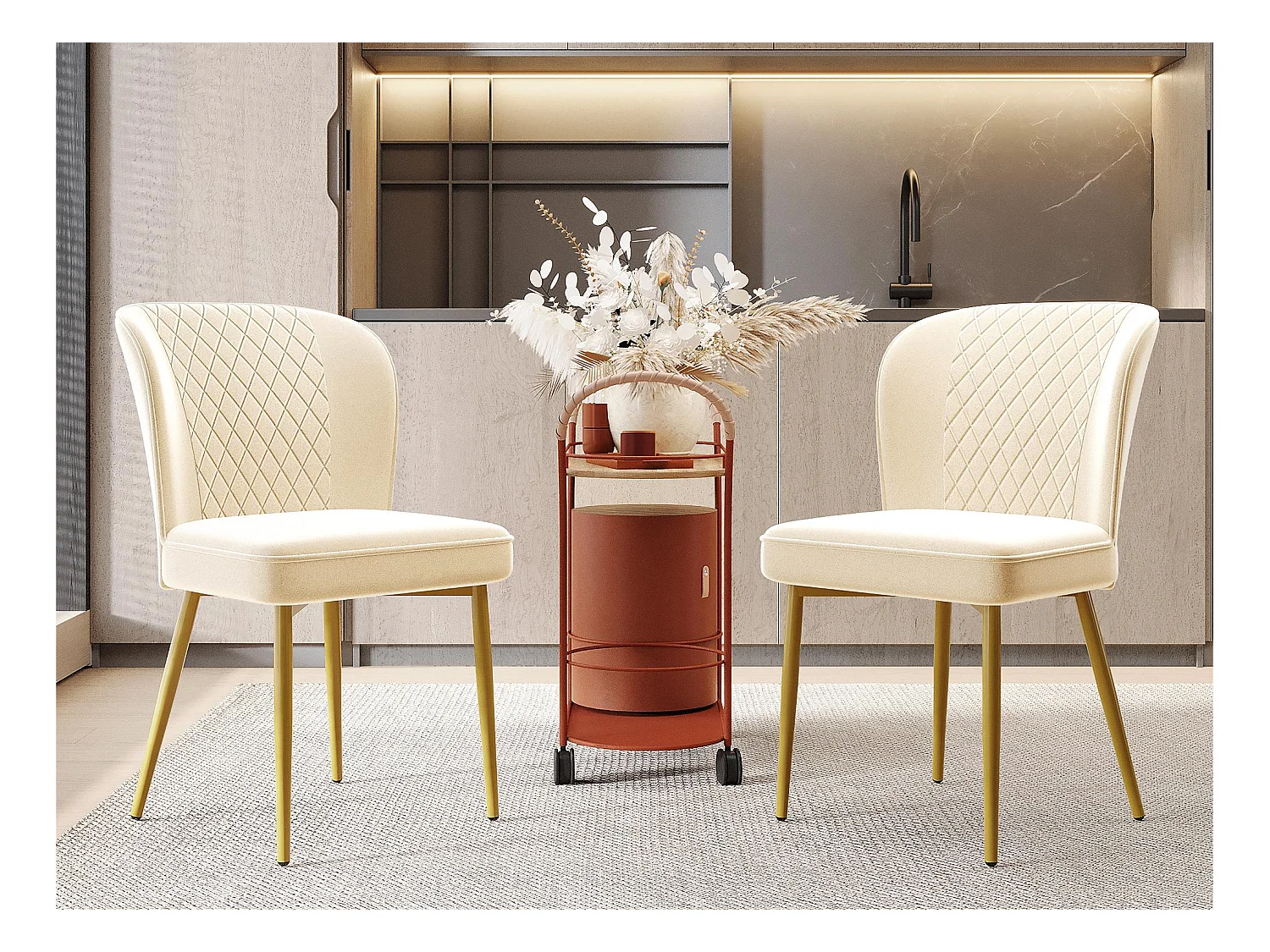 Set van 2 stoelen bekleed met fluweel - metalen structuur - Beige