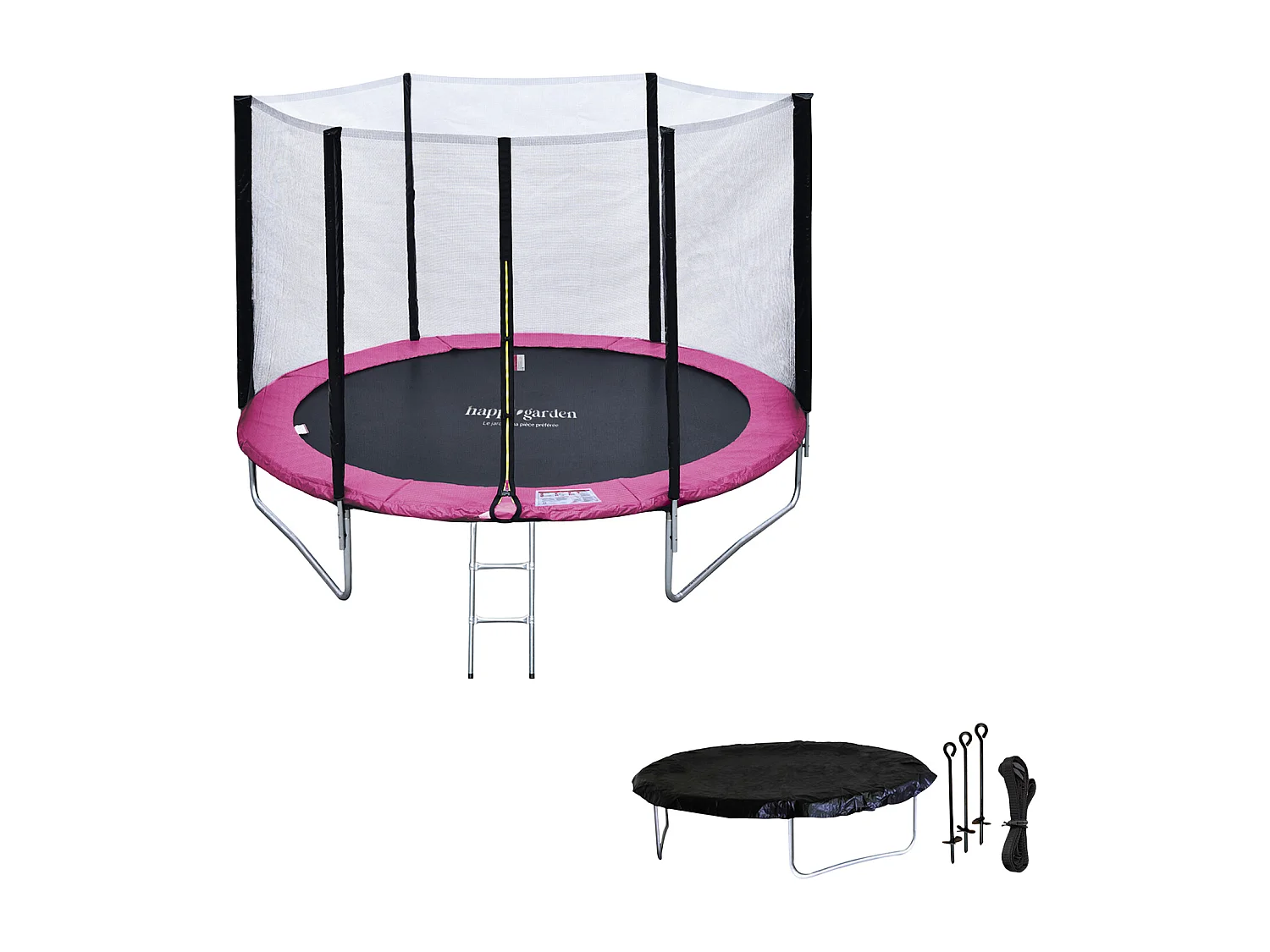 Cama elástica de 180 cm reversible gris / rosa CAIRNS + red de seguridad + escalera + lona + kit de anclaje.