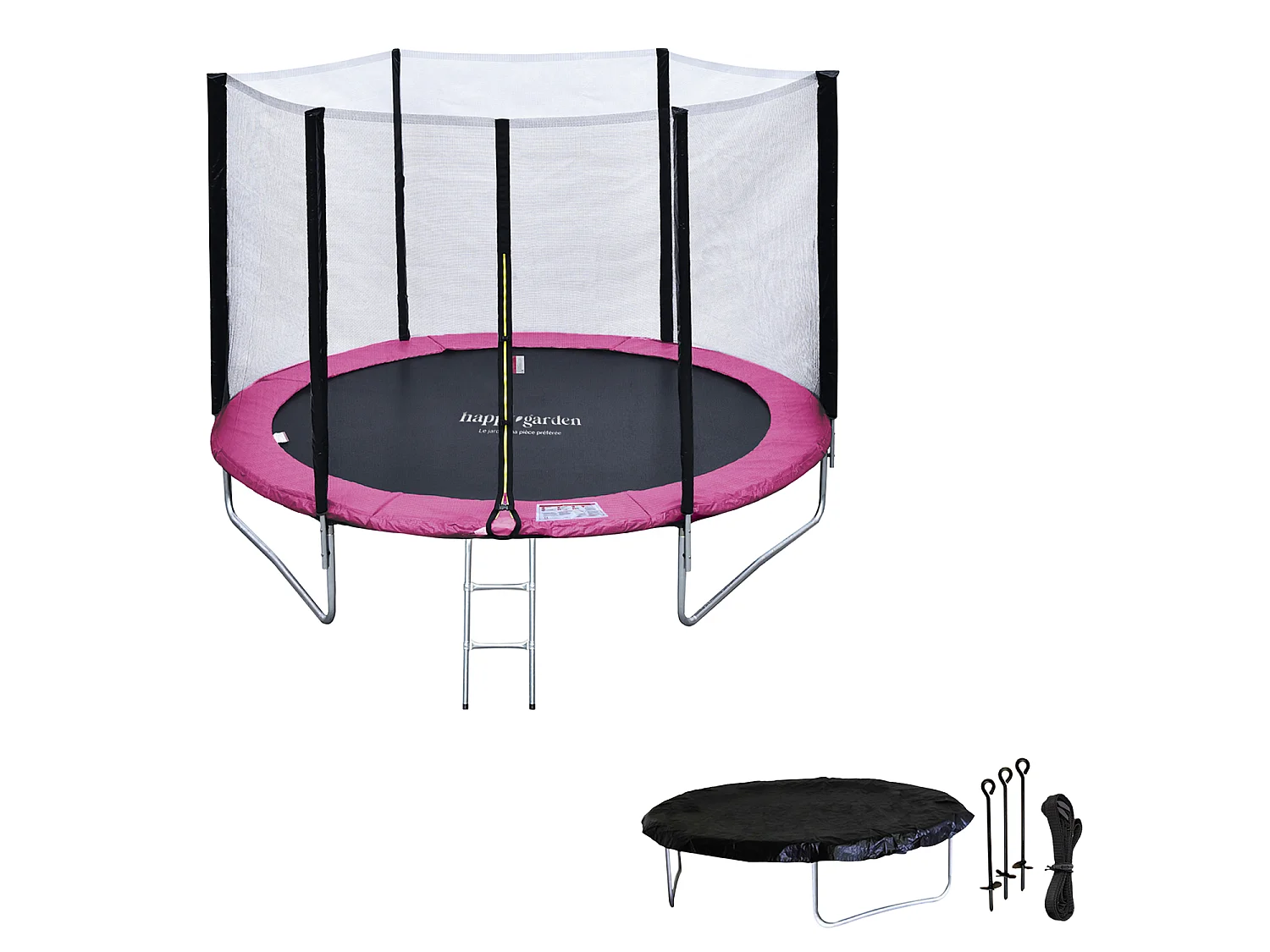 Trampoline 180cm omkeerbaar grijs / roze CAIRNS + net, ladder, hoes en verankeringsset
