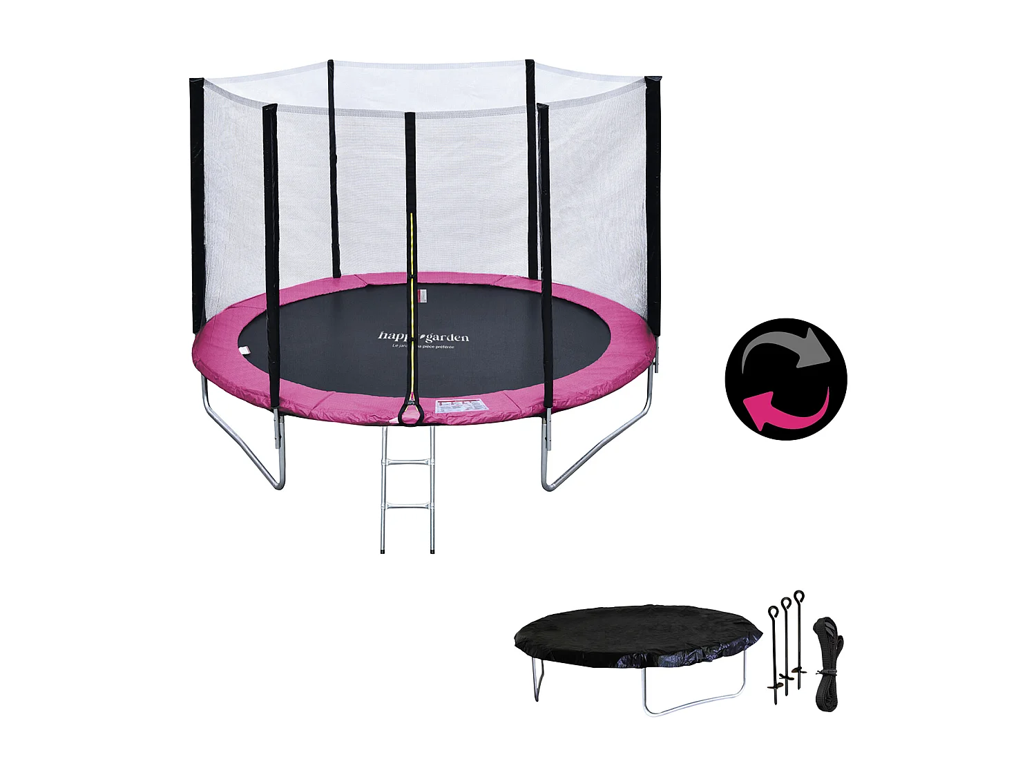 Trampoline 180cm réversible rose / gris CAIRNS + filet, échelle, bâche et kit d'ancrage - HAPPY GARDEN