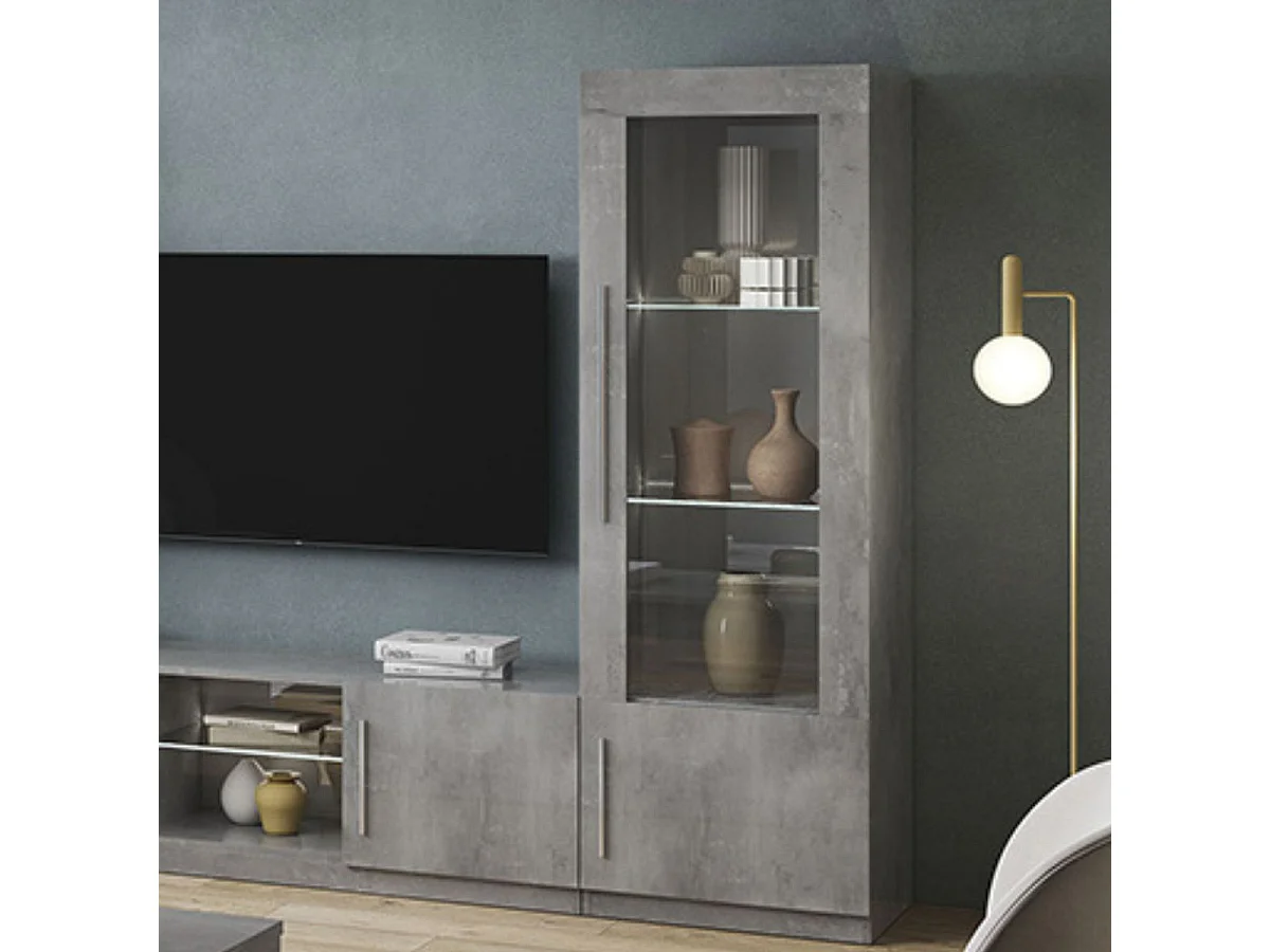 CLARK - Vitrine Droite Laquée Effet Marbre Poignées Métal avec Leds