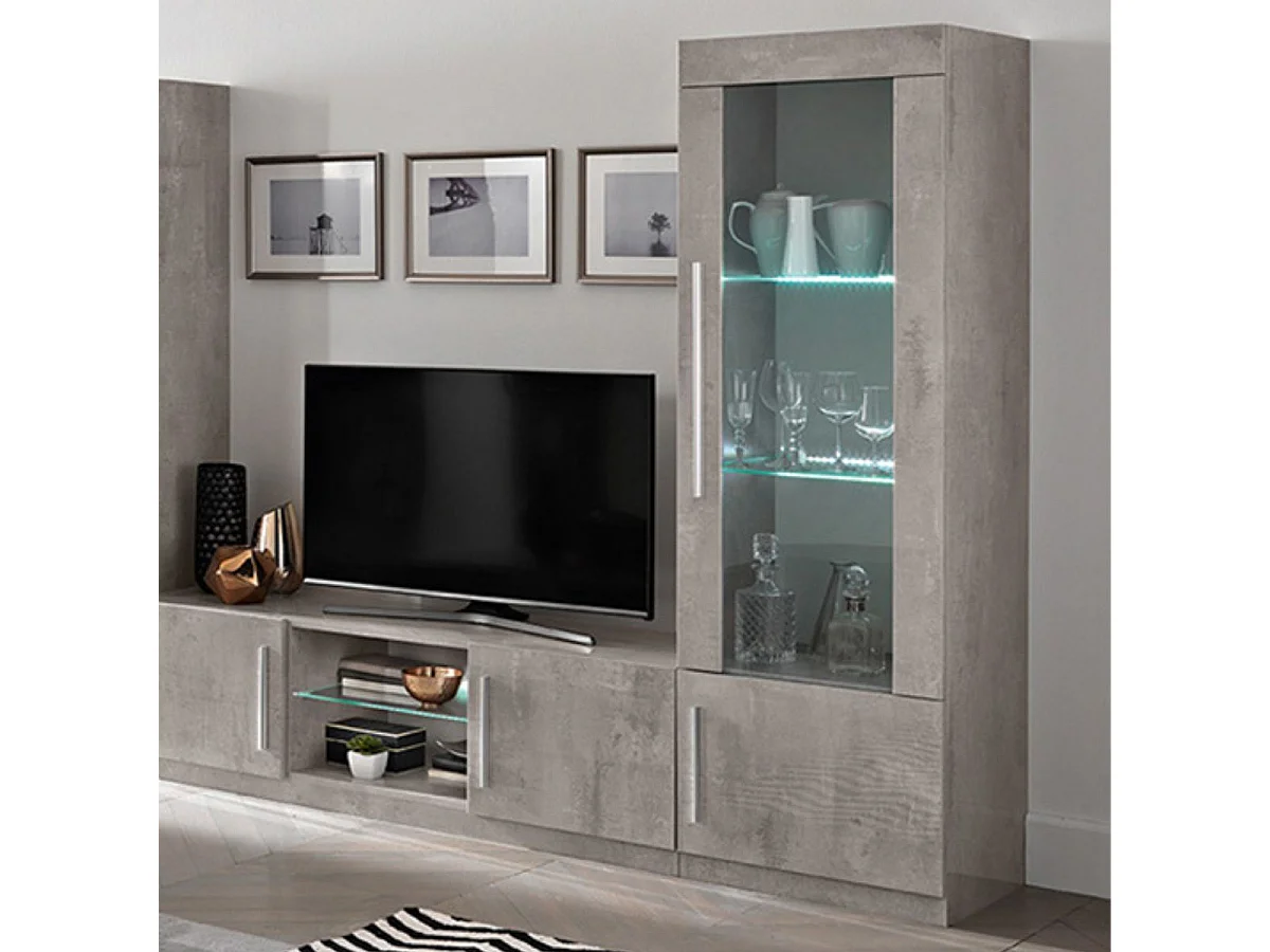 CLARK - Vitrine Droite Laquée Effet Marbre Poignées Métal avec Leds