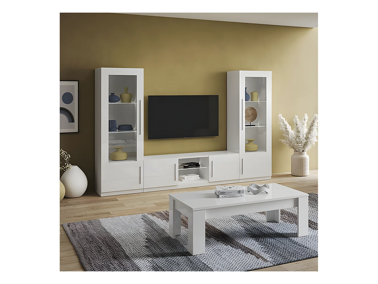 CLARK - Vitrine Droite Laquée Blanc Poignées Métal avec Leds