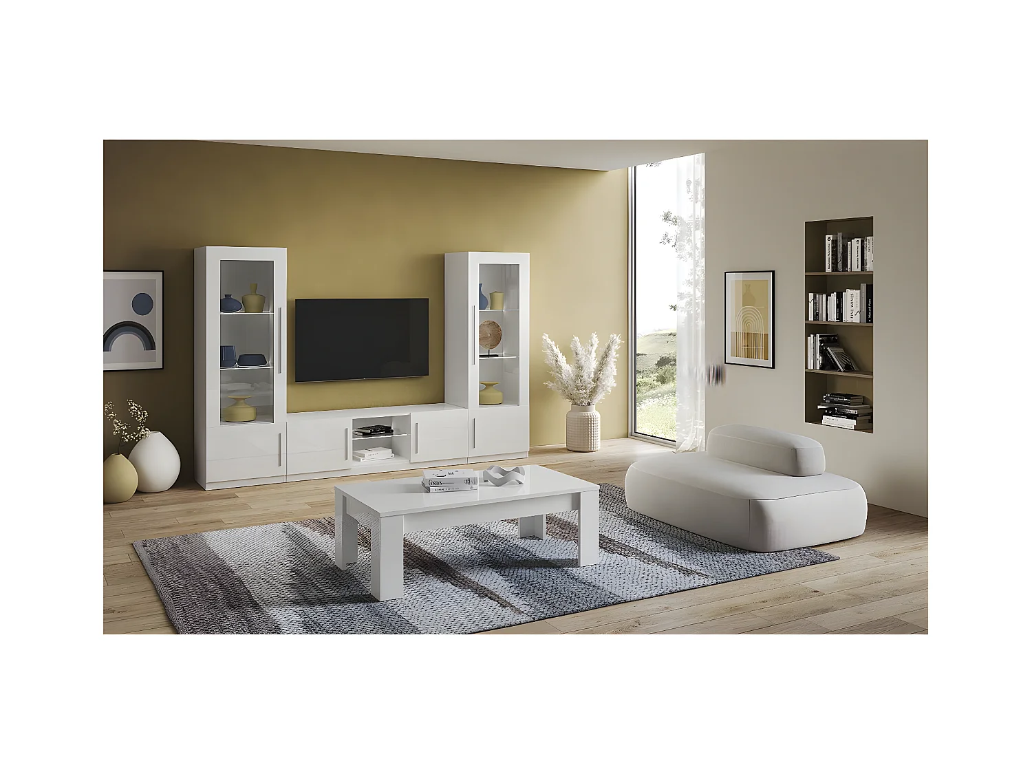 CLARK - Vitrine Droite Laquée Blanc Poignées Métal avec Leds