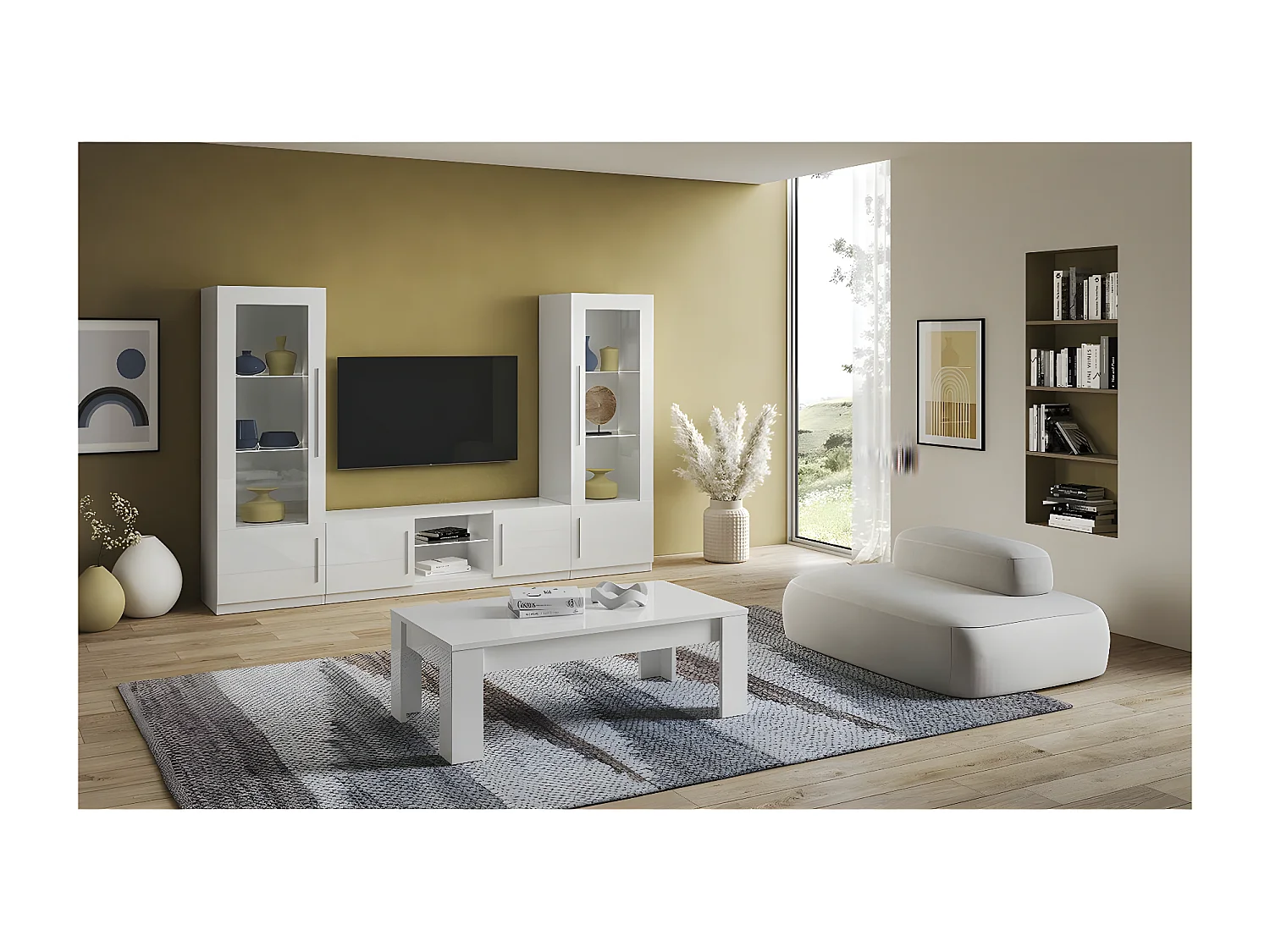 CLARK - Vitrine Droite Laquée Blanc Poignées Métal avec Leds