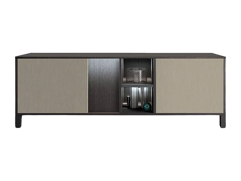 MANTA - Meuble TV 2 Portes Aspect Chêne Foncé et Champagne avec Leds