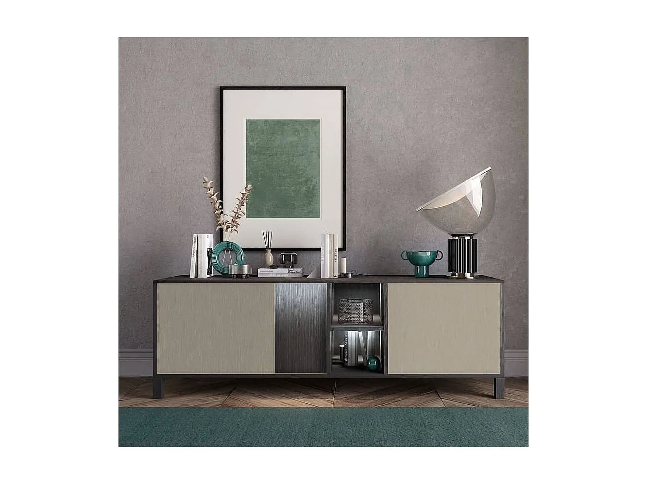 MANTA - Meuble TV 2 Portes Aspect Chêne Foncé et Champagne avec Leds