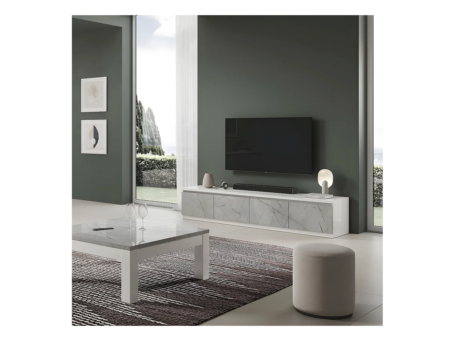 DEYTON - Meuble TV 4 Portes Laqué Blanc et Gris Marbré