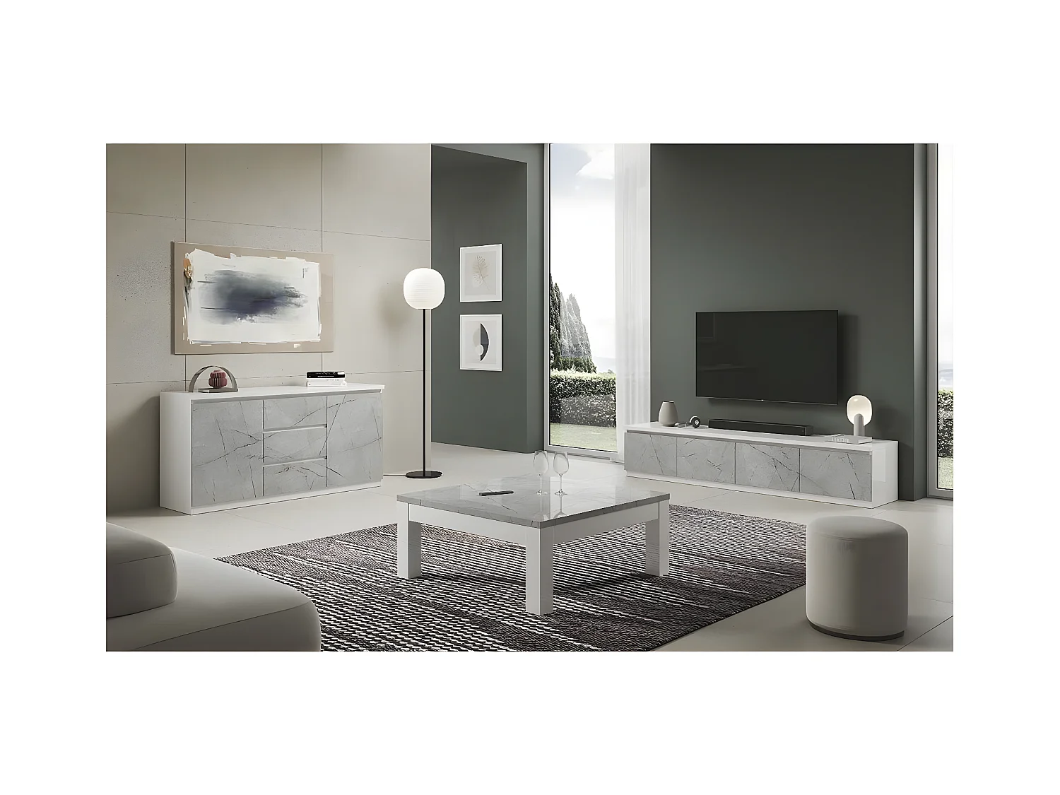 DEYTON - Meuble TV 4 Portes Laqué Blanc et Gris Marbré