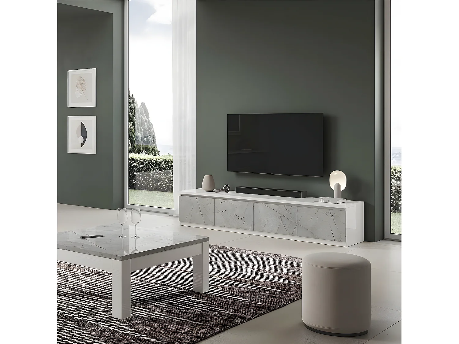 DEYTON - Meuble TV 4 Portes Laqué Blanc et Gris Marbré