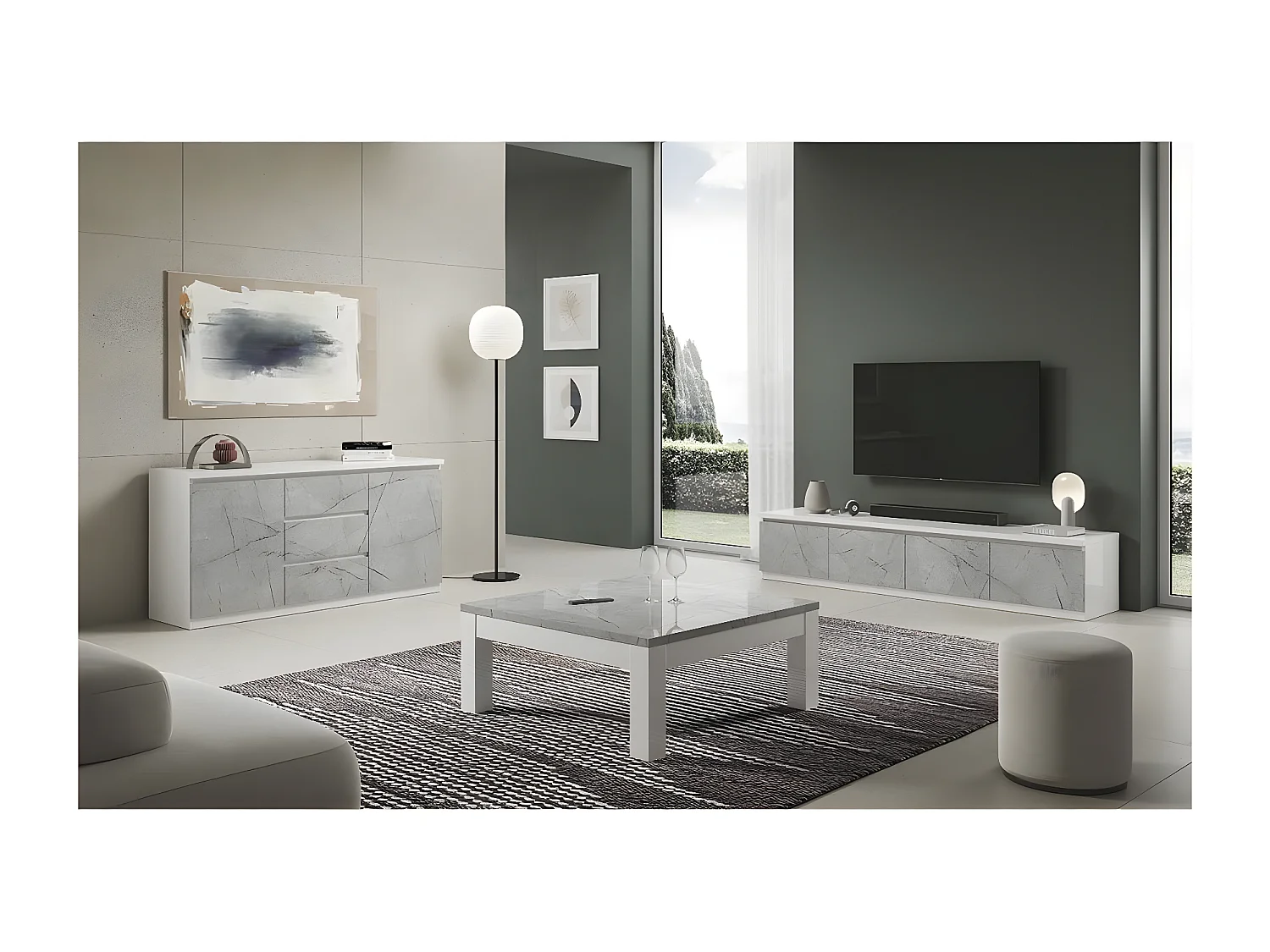 DEYTON - Meuble TV 4 Portes Laqué Blanc et Gris Marbré