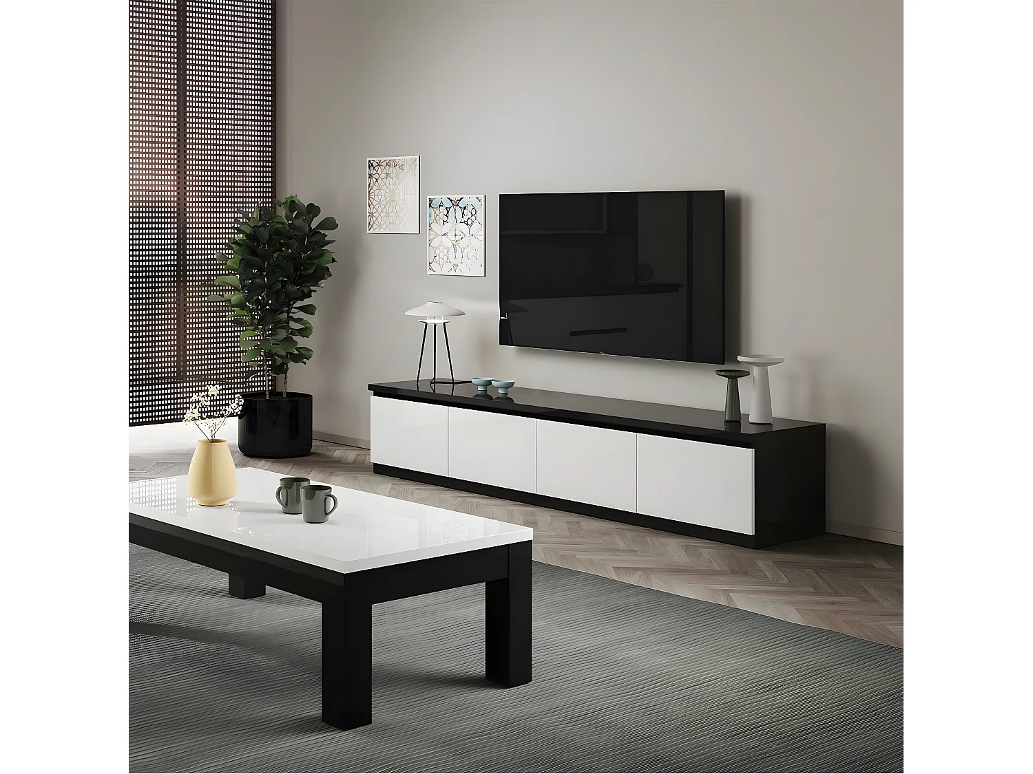 DEYTON - Meuble TV 4 Portes Laqué Noir et Blanc Brillant