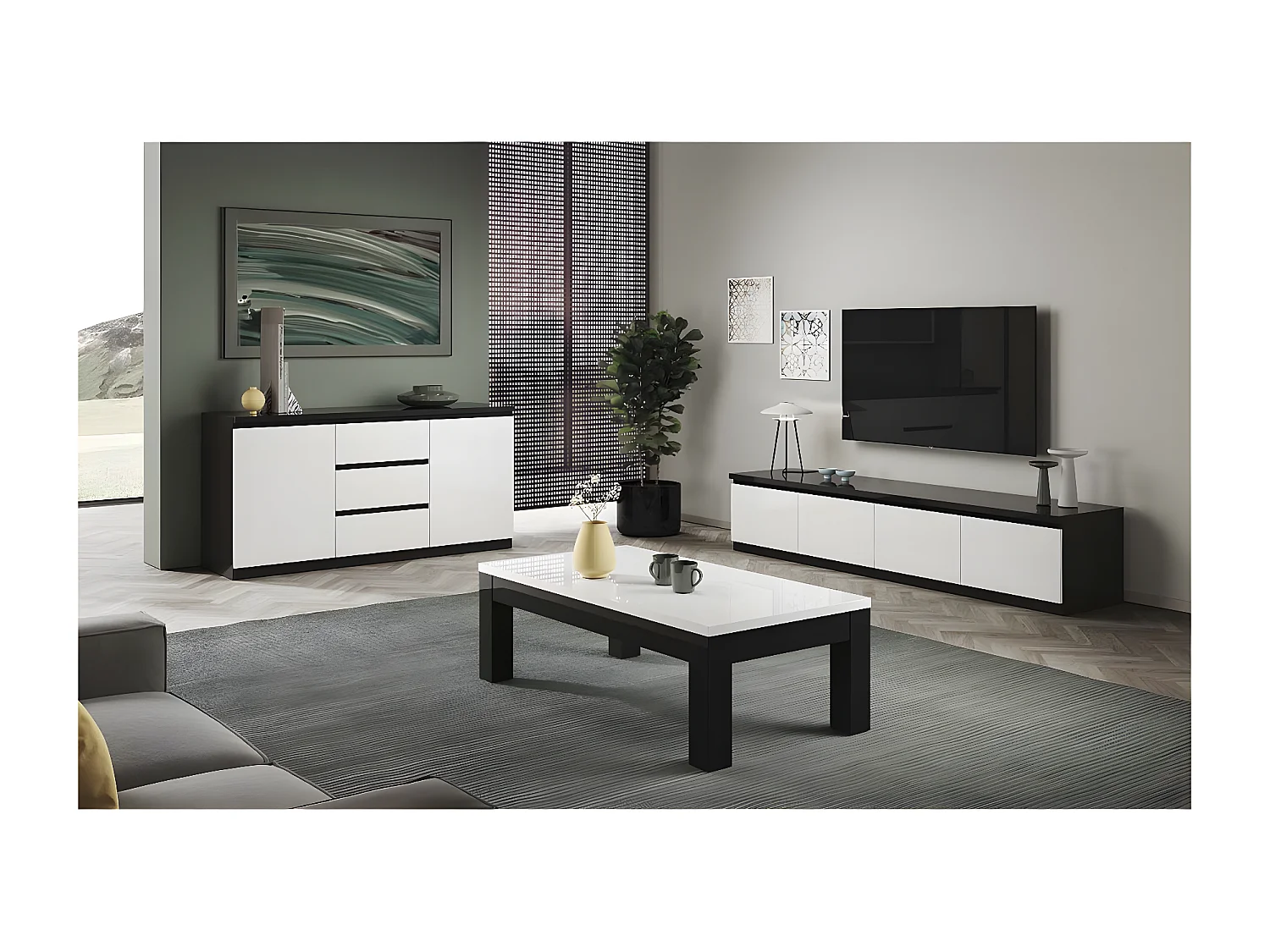 DEYTON - Meuble TV 4 Portes Laqué Noir et Blanc Brillant