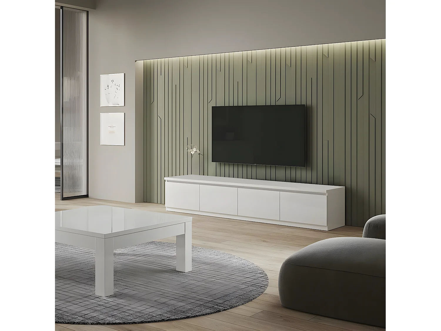 DEYTON - Meuble TV 4 Portes Laqué Blanc Brillant