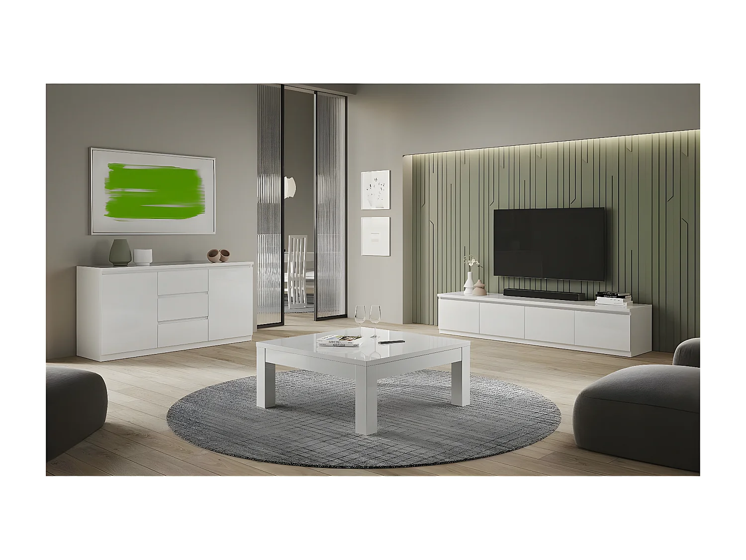 DEYTON - Meuble TV 4 Portes Laqué Blanc Brillant