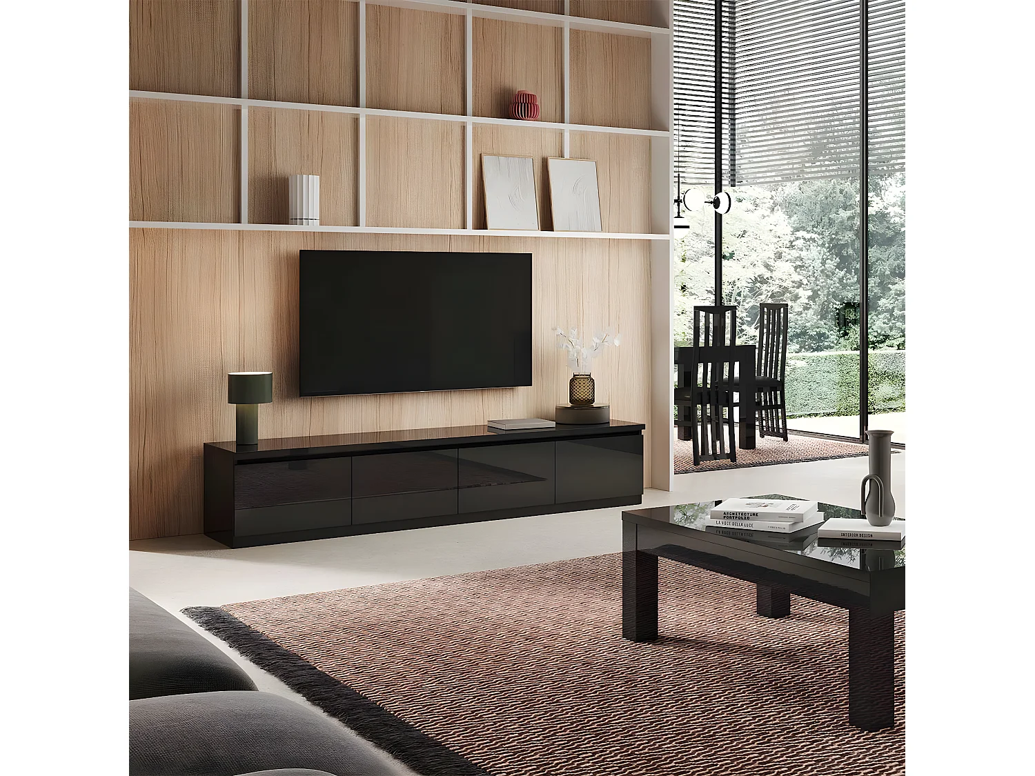 DEYTON - Meuble TV 4 Portes Laqué Noir Brillant