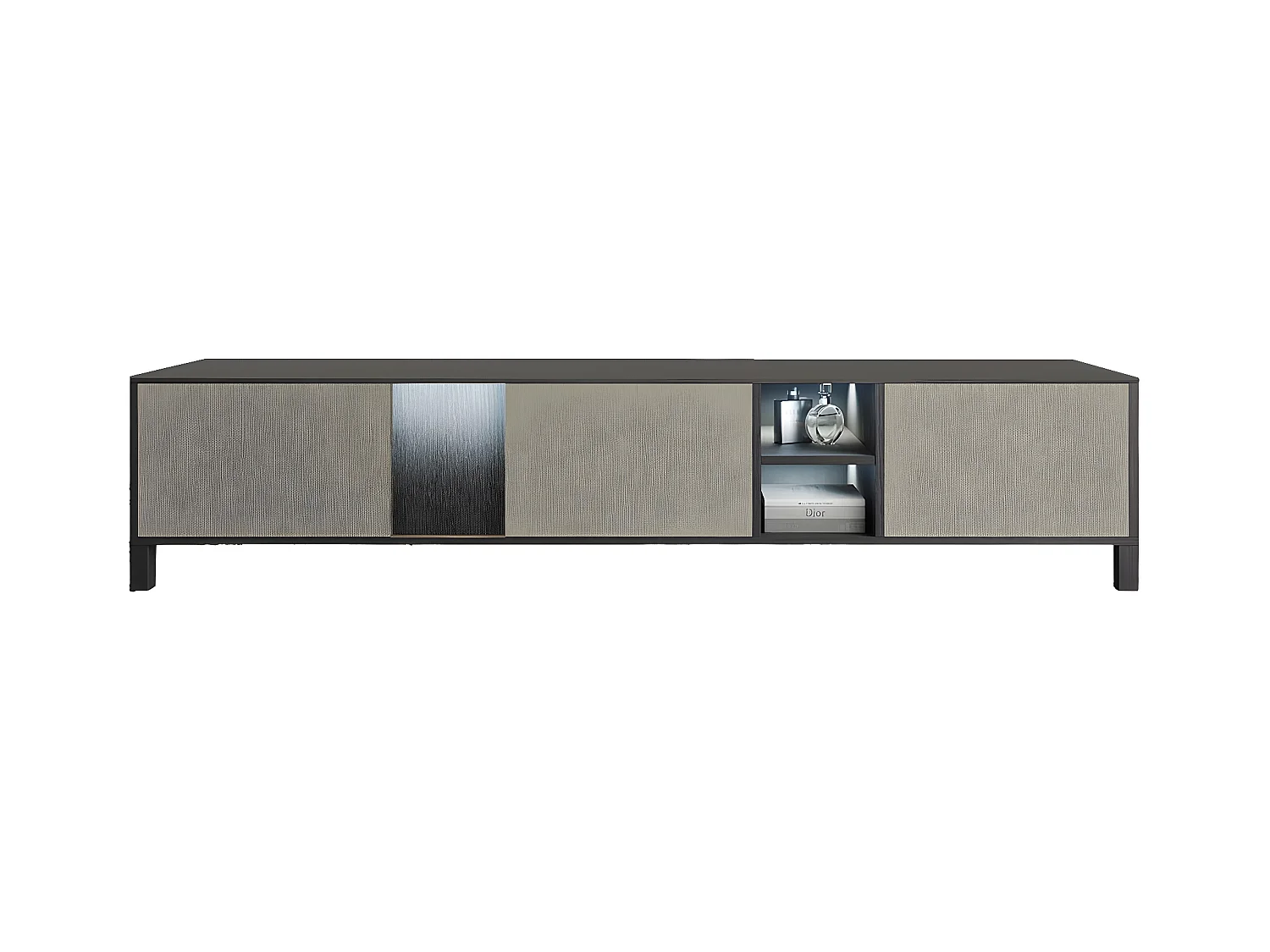 MANTA - Meuble TV 3 Portes Aspect Chêne Foncé et Champagne avec Leds