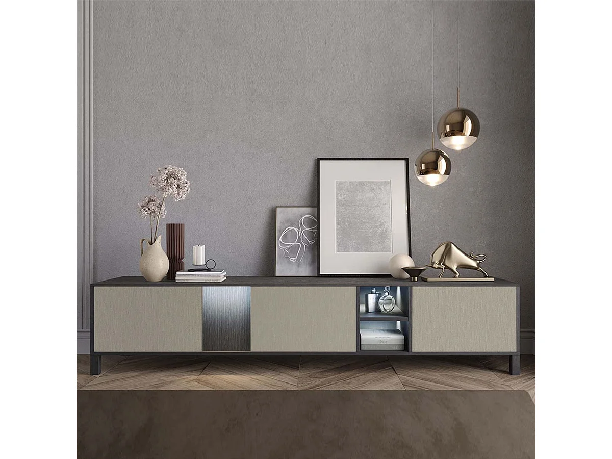 MANTA - Meuble TV 3 Portes Aspect Chêne Foncé et Champagne avec Leds