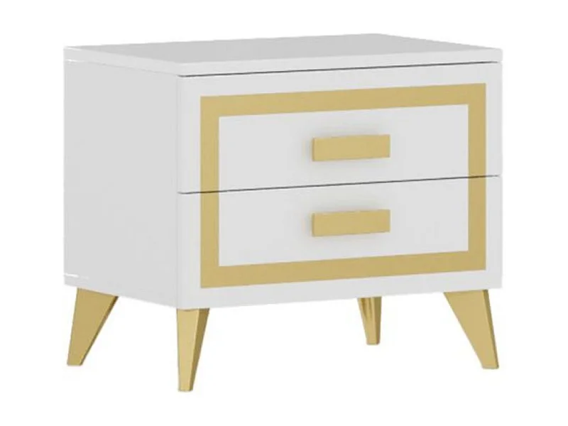 JEMMA - Chevet 2 Tiroirs Laqué Blanc et Décor Doré