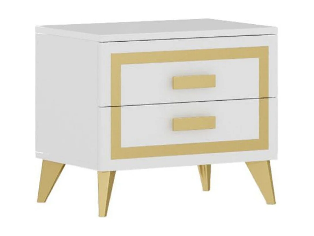 JEMMA - Chevet 2 Tiroirs Laqué Blanc et Décor Doré
