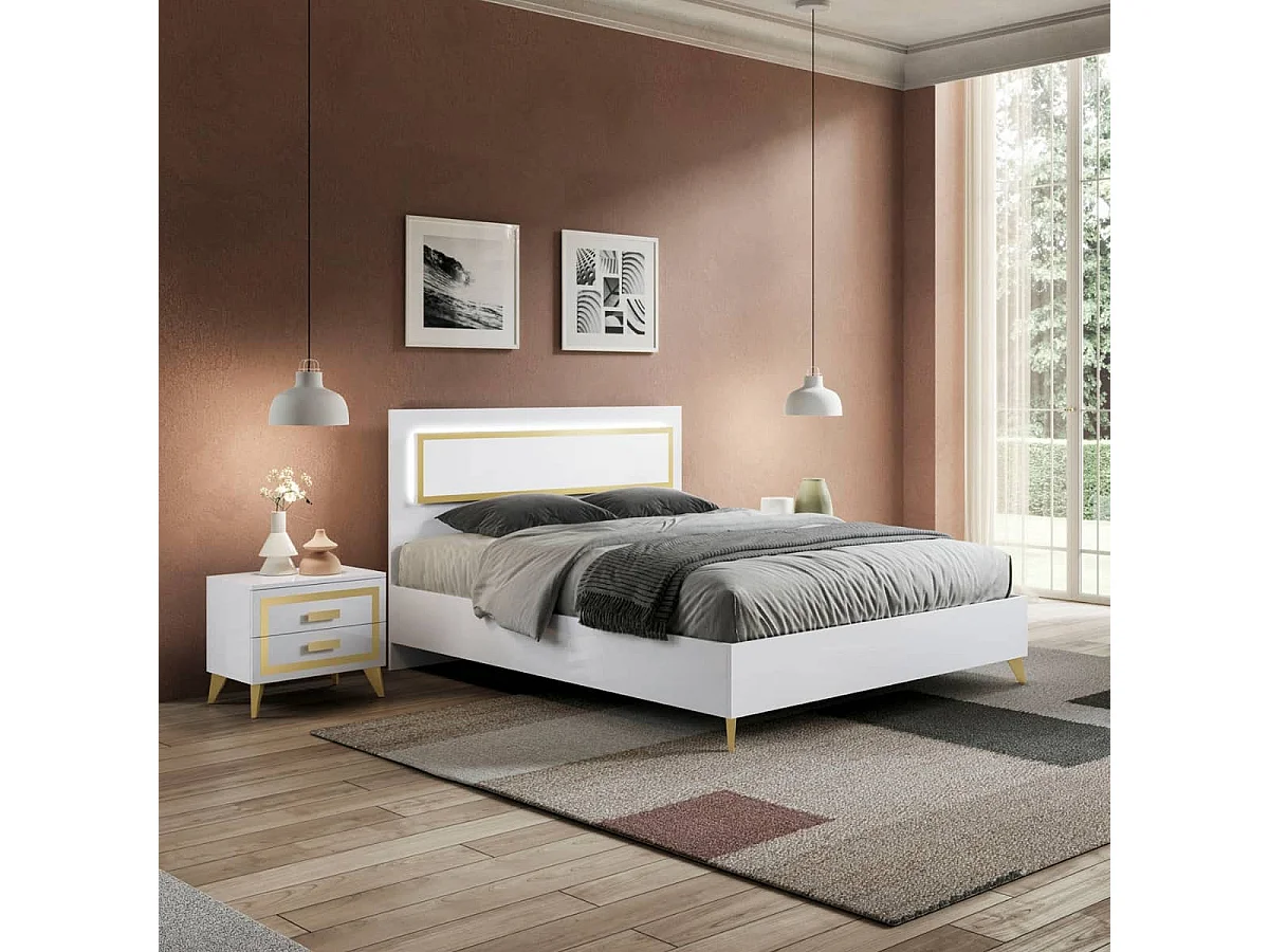 JEMMA - Chevet 2 Tiroirs Laqué Blanc et Décor Doré