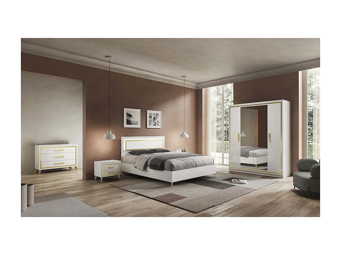 JEMMA - Chevet 2 Tiroirs Laqué Blanc et Décor Doré