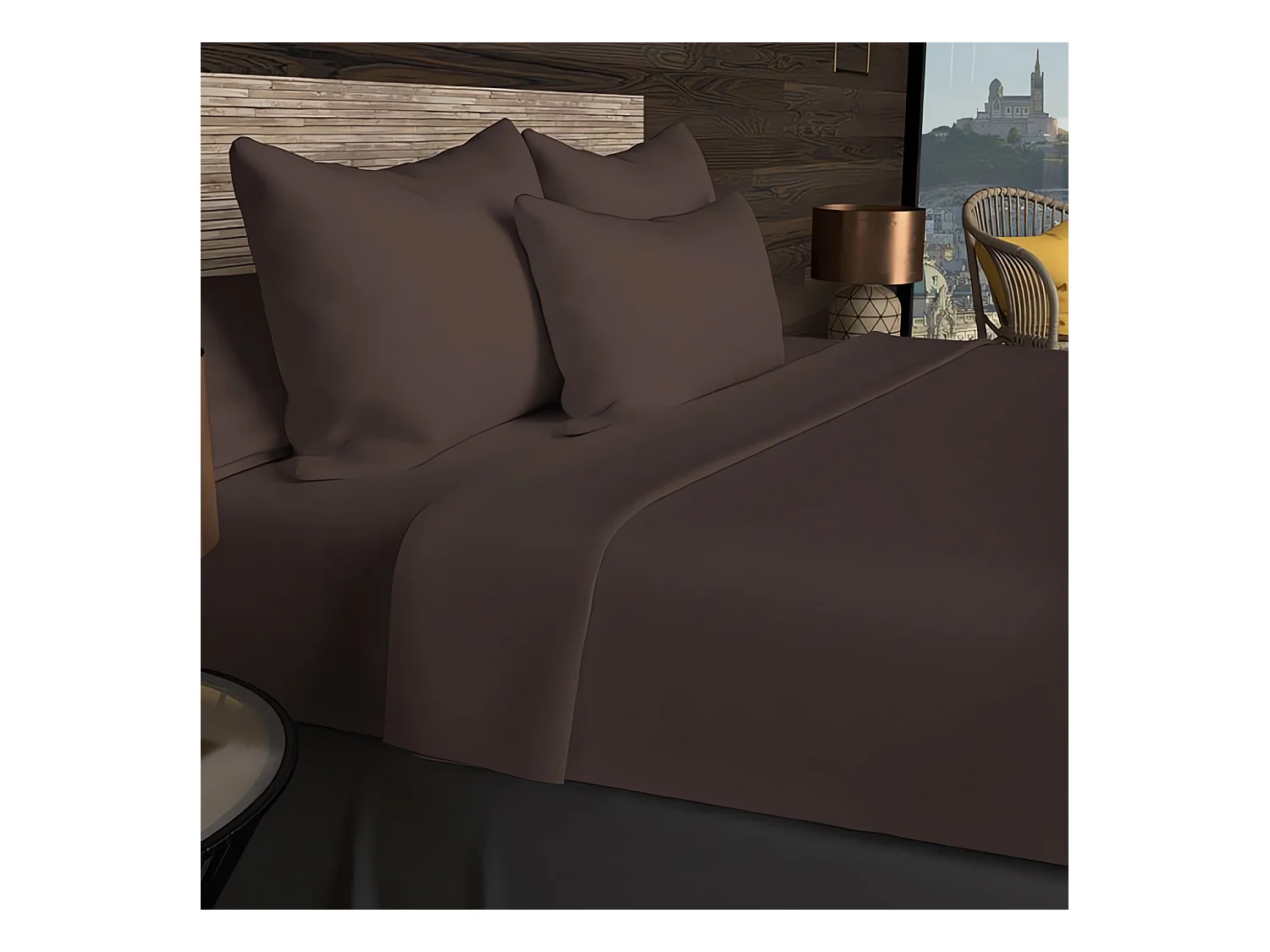 Drap housse en coton 57 fils 140x190 cm UNI brun, par Soleil d'ocre