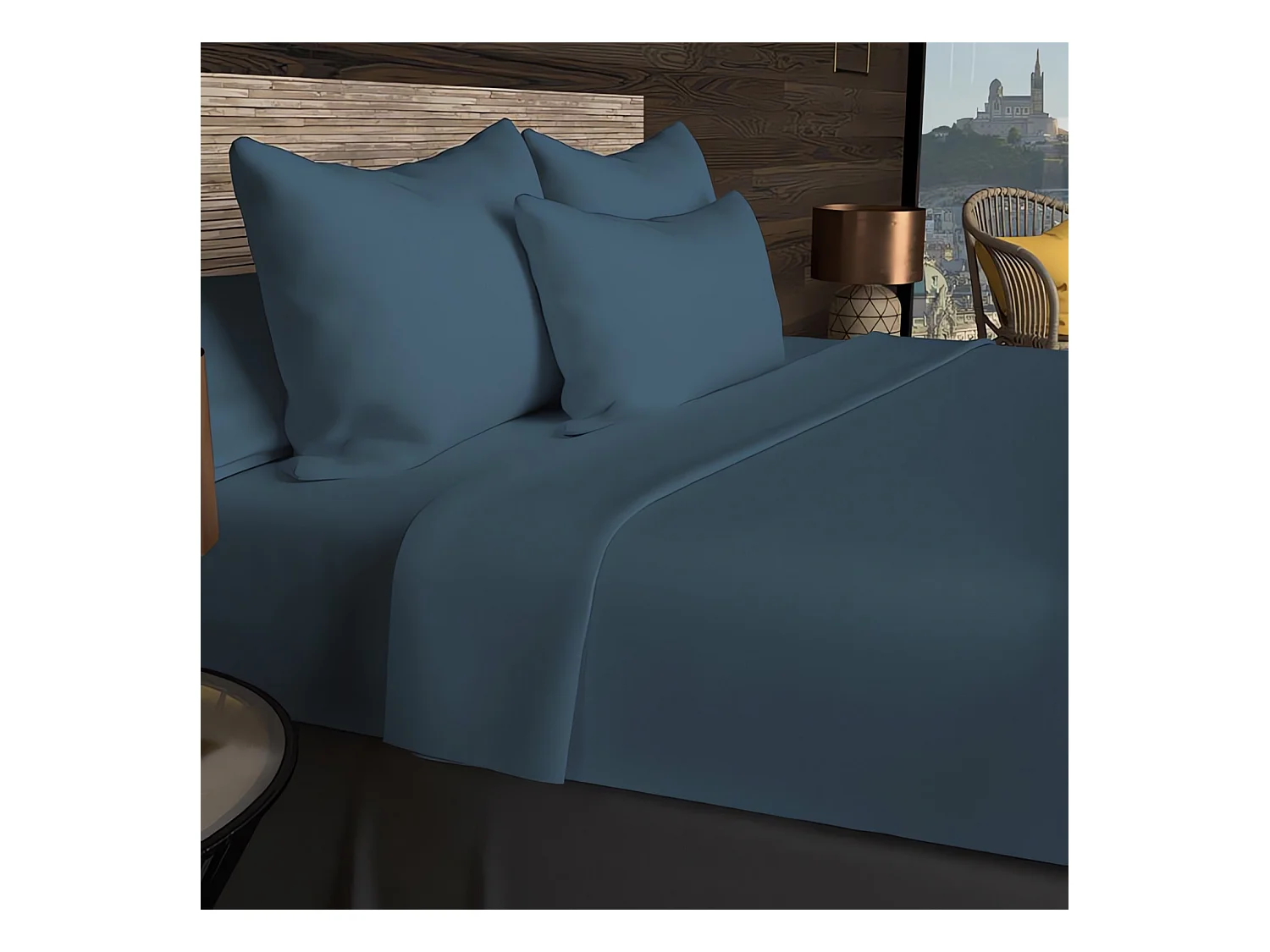 Drap housse en coton 57 fils 140x200 cm UNI bleu canard, par Soleil d'ocre