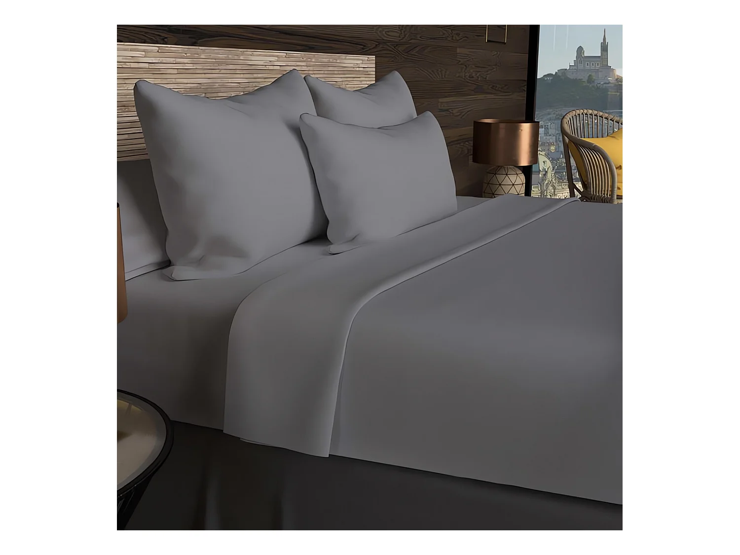 Drap housse en coton 57 fils 160x200 cm UNI gris, par Soleil d'ocre