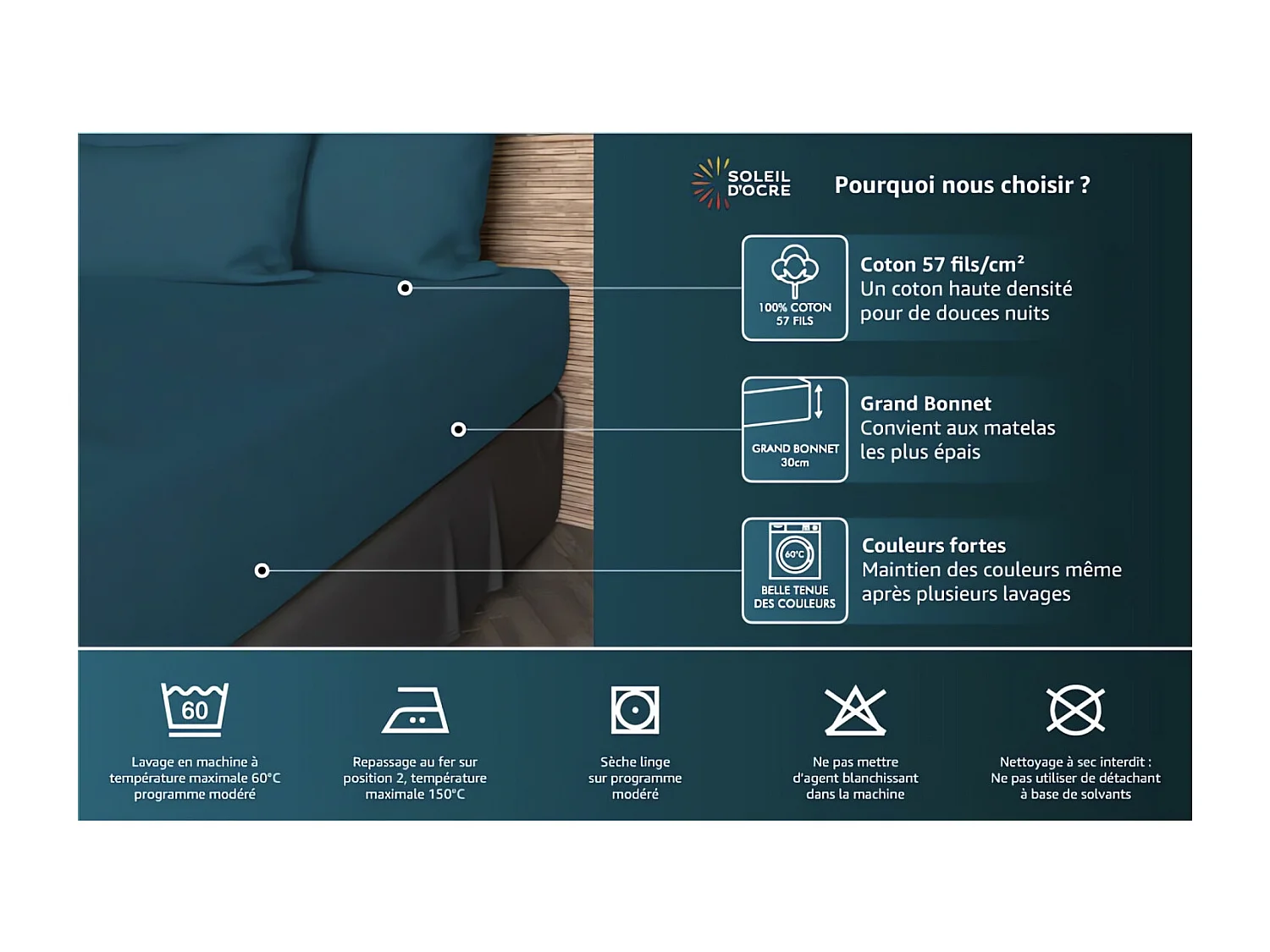 Drap housse en coton 57 fils 160x200 cm UNI gris, par Soleil d'ocre