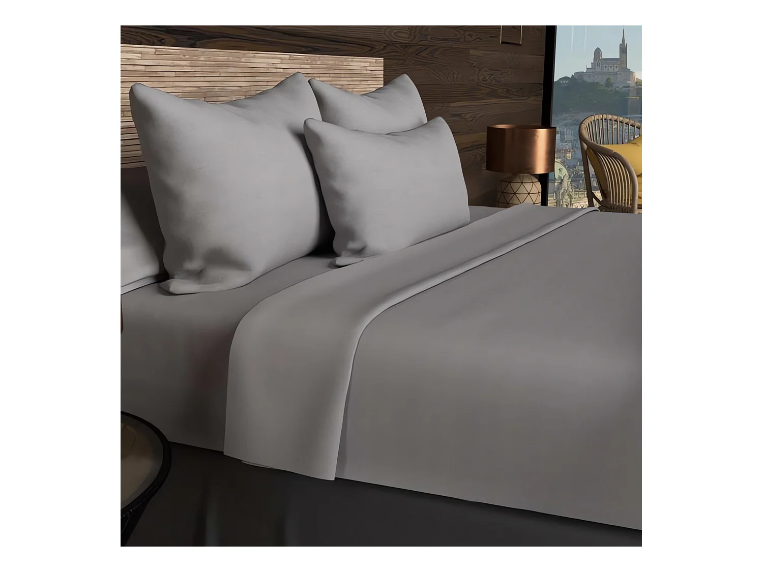 Sábana bajera 90x190 cm en algodón 57 Fils SOLEIL D'OCRE gris