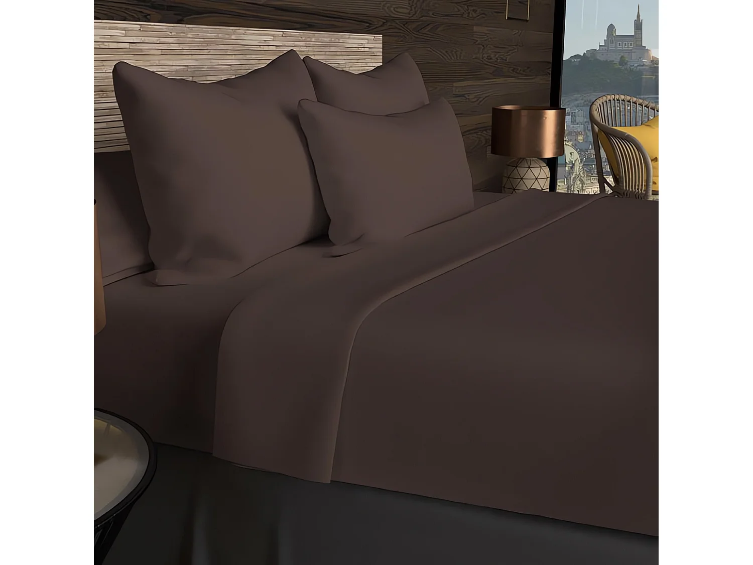 Drap housse en coton 57 fils 140x200 cm UNI brun, par Soleil d'ocre