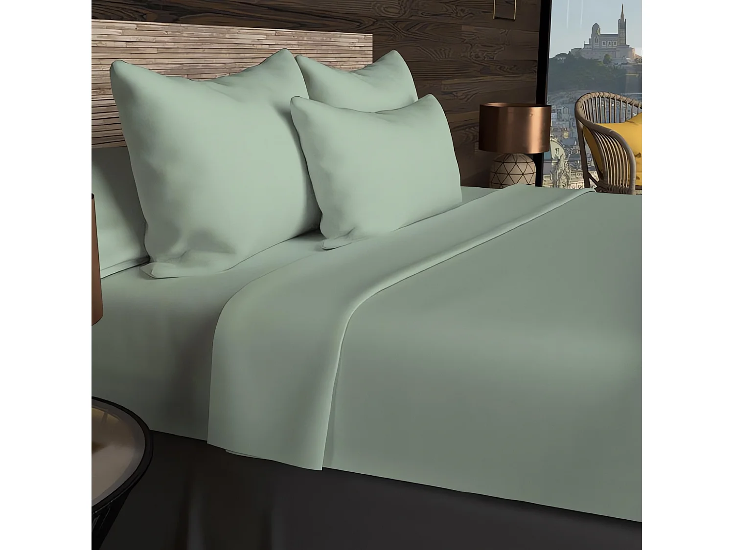 Drap housse en coton 57 fils 140x200 cm UNI vert d'eau, par Soleil d'ocre