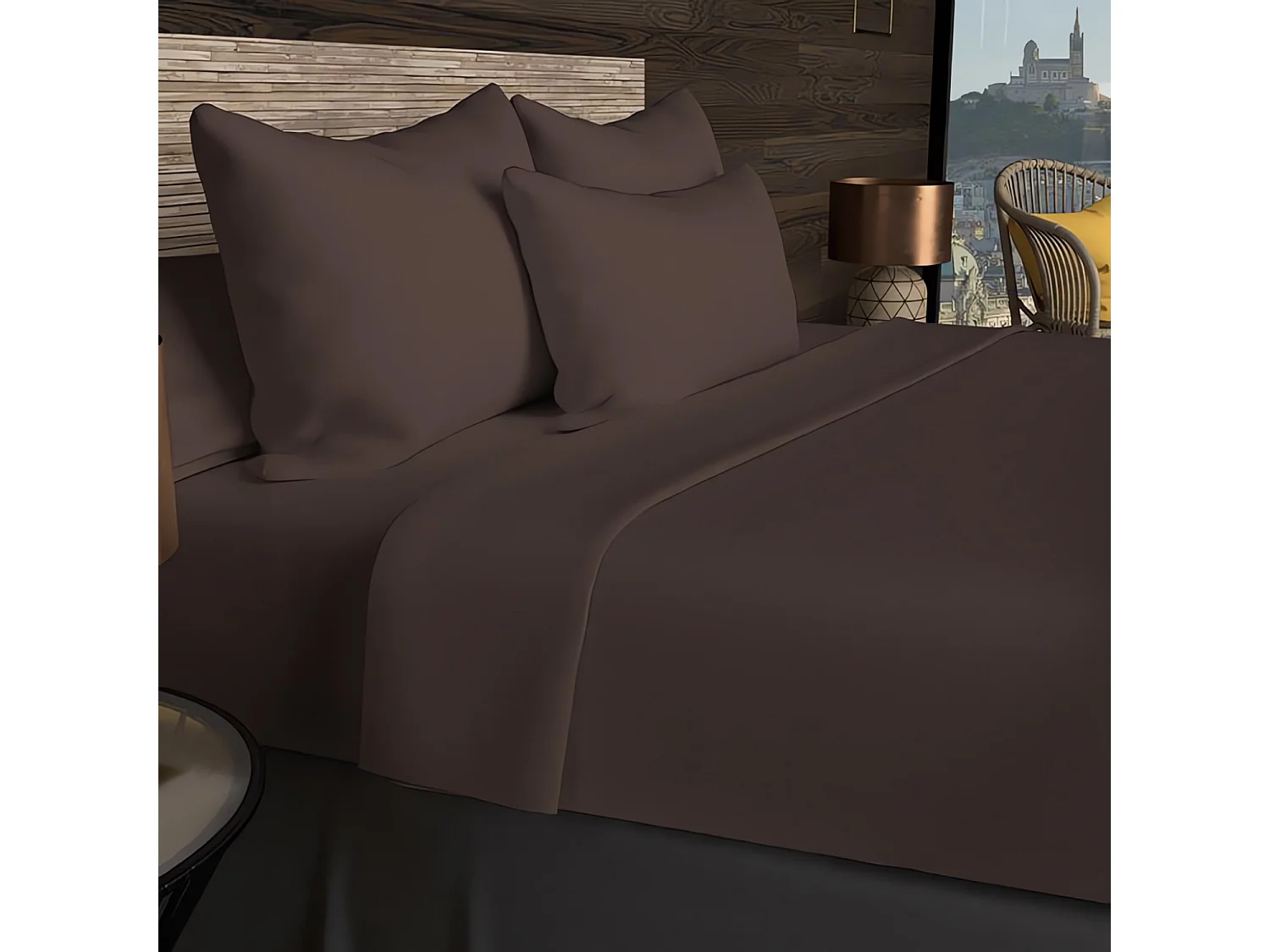 Drap housse en coton 57 fils 200x200 cm UNI brun, par Soleil d'ocre