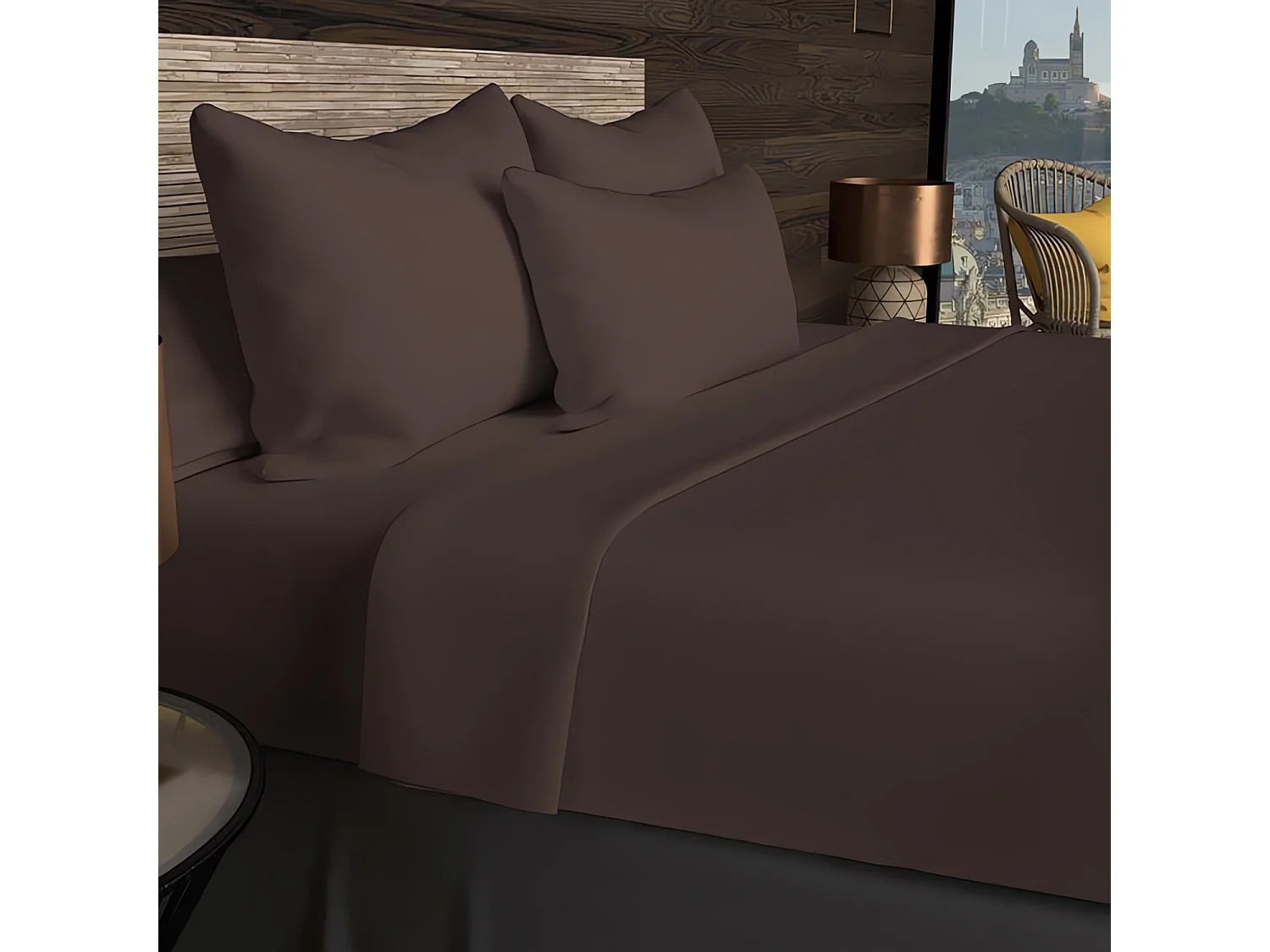 Drap housse en coton 57 fils 160x200 cm UNI brun, par Soleil d'ocre