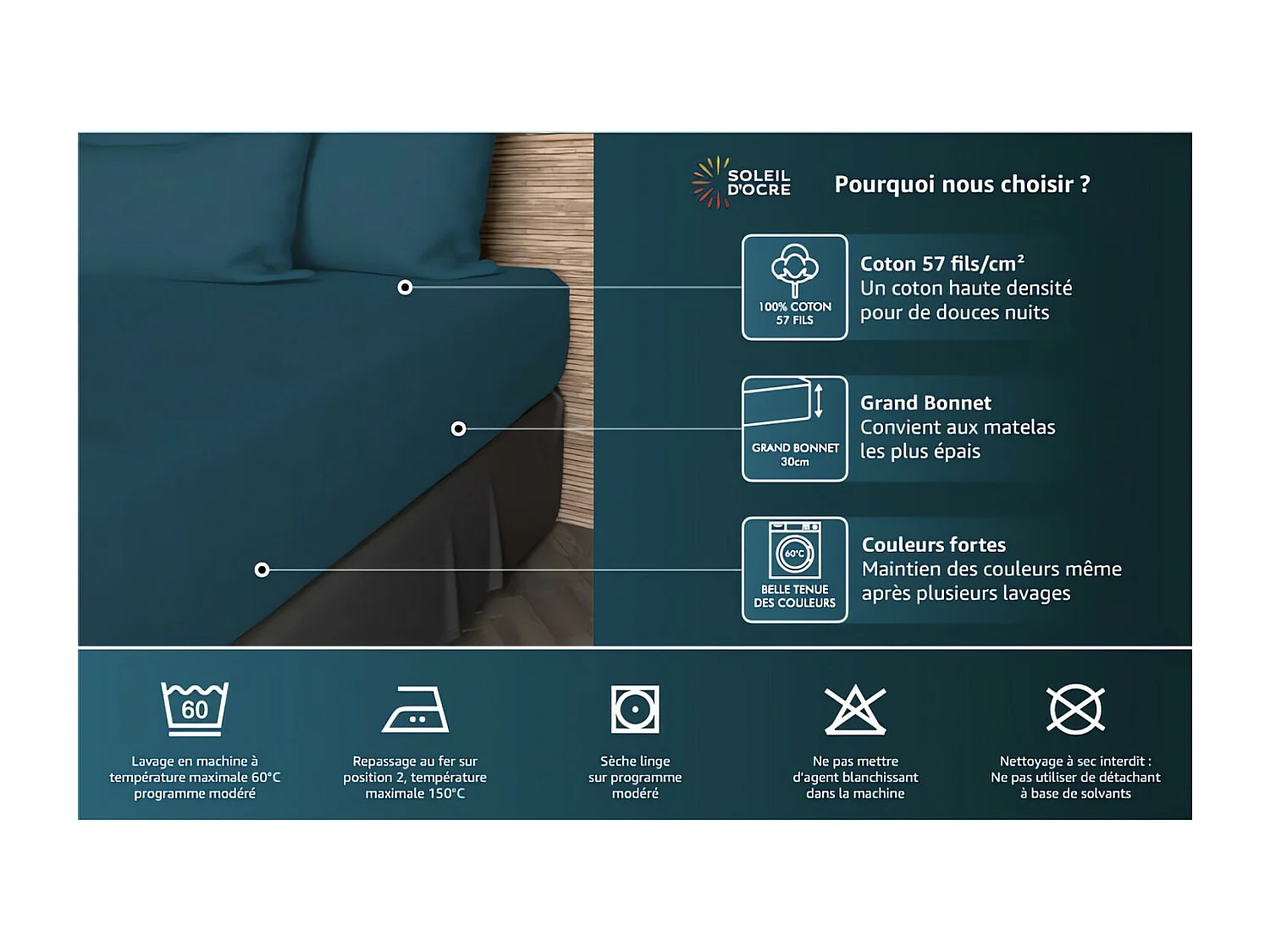 Drap housse en coton 57 fils 140x190 cm UNI moutarde, par Soleil d'ocre