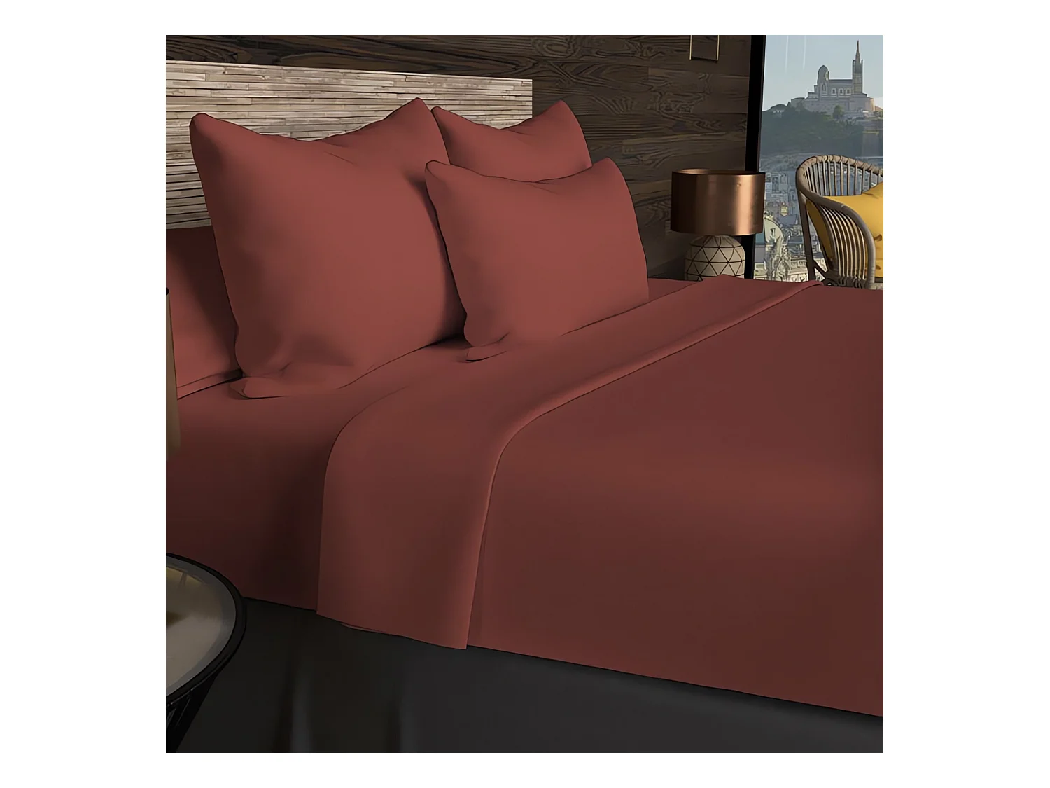 Drap housse en coton 57 fils 90x200 cm UNI brique, par Soleil d'ocre