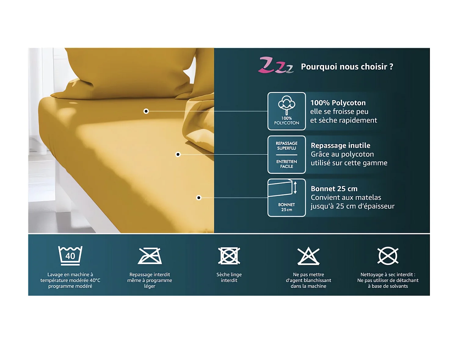 Drap housse uni 160x200 cm ZZZ jaune