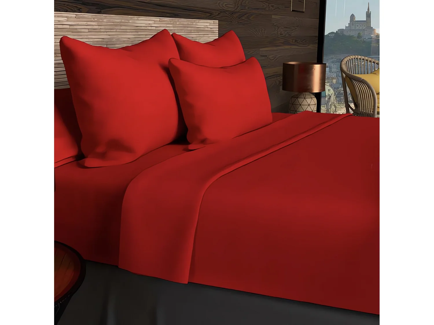 Drap housse 180x200 cm en coton 57 Fils SOLEIL D'OCRE rouge