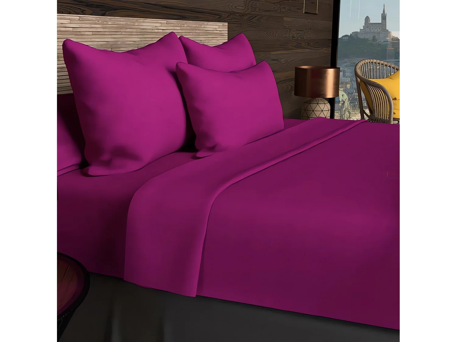 Drap housse 200x200 cm en coton uni 57 Fils/cm2 par SOLEIL D'OCRE cassis