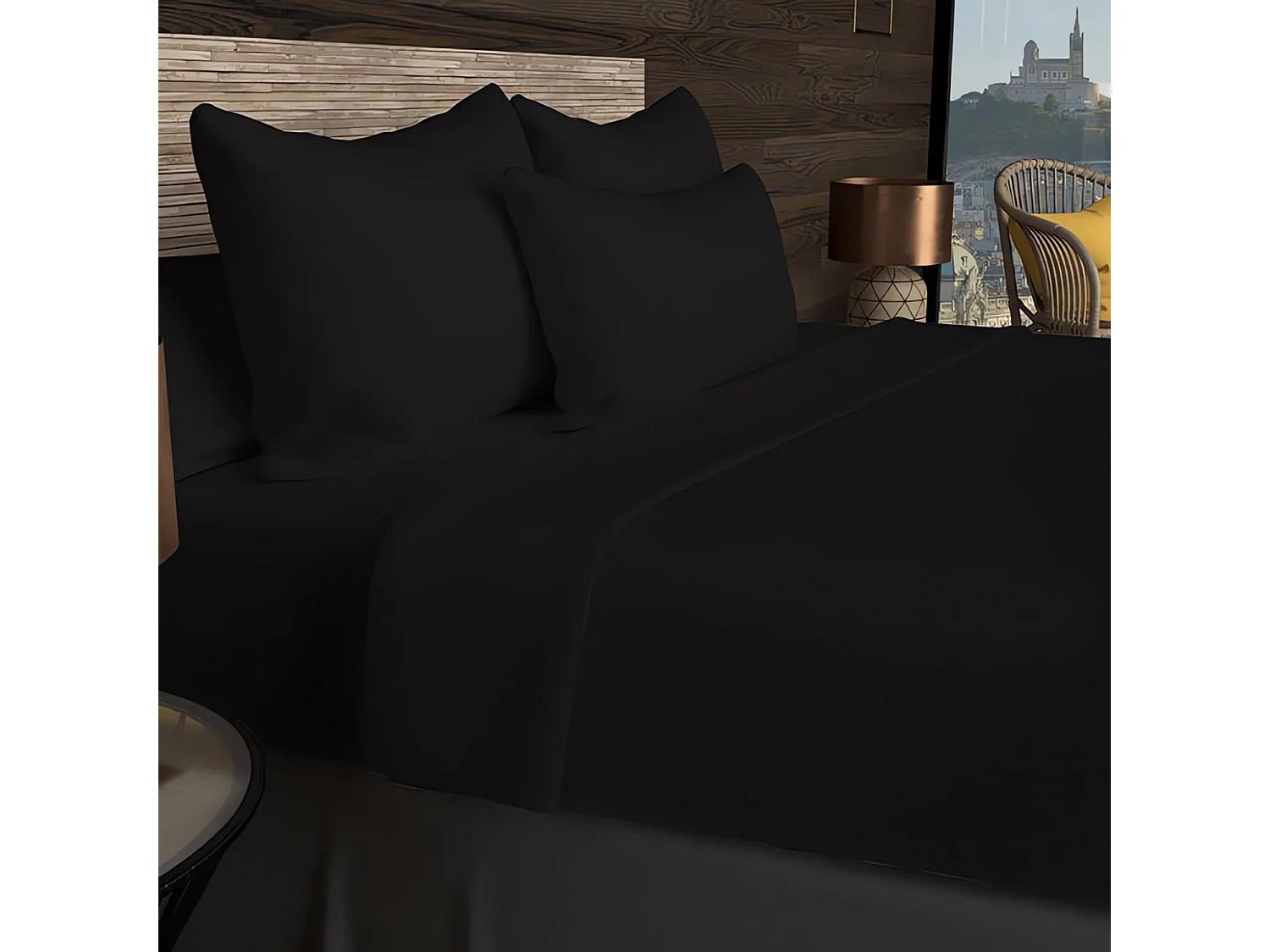 Drap housse en coton 57 fils 90x200 cm UNI noir, par Soleil d'ocre